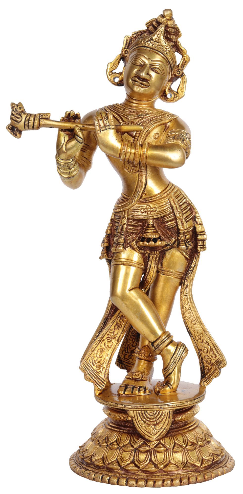 Beautiful Brass Krishna Statue with Long Braided Hair - Natural Brass Color - Perfect for Home Altar, Yoga Studio & Spiritual Decor