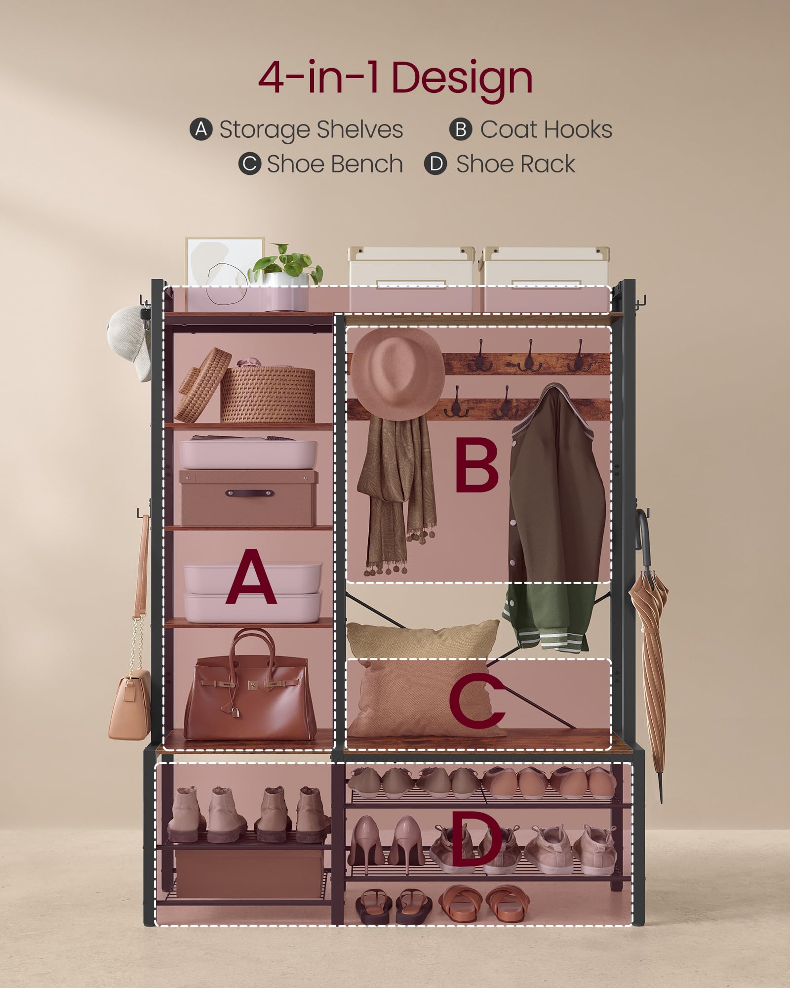 VASAGLE Entryway Hall Tree with Bench - 5-Tier Shoe Storage, 9 Coat Hooks & 6 Side Hooks - Rustic Brown & Black Coat Rack Organizer (47.2