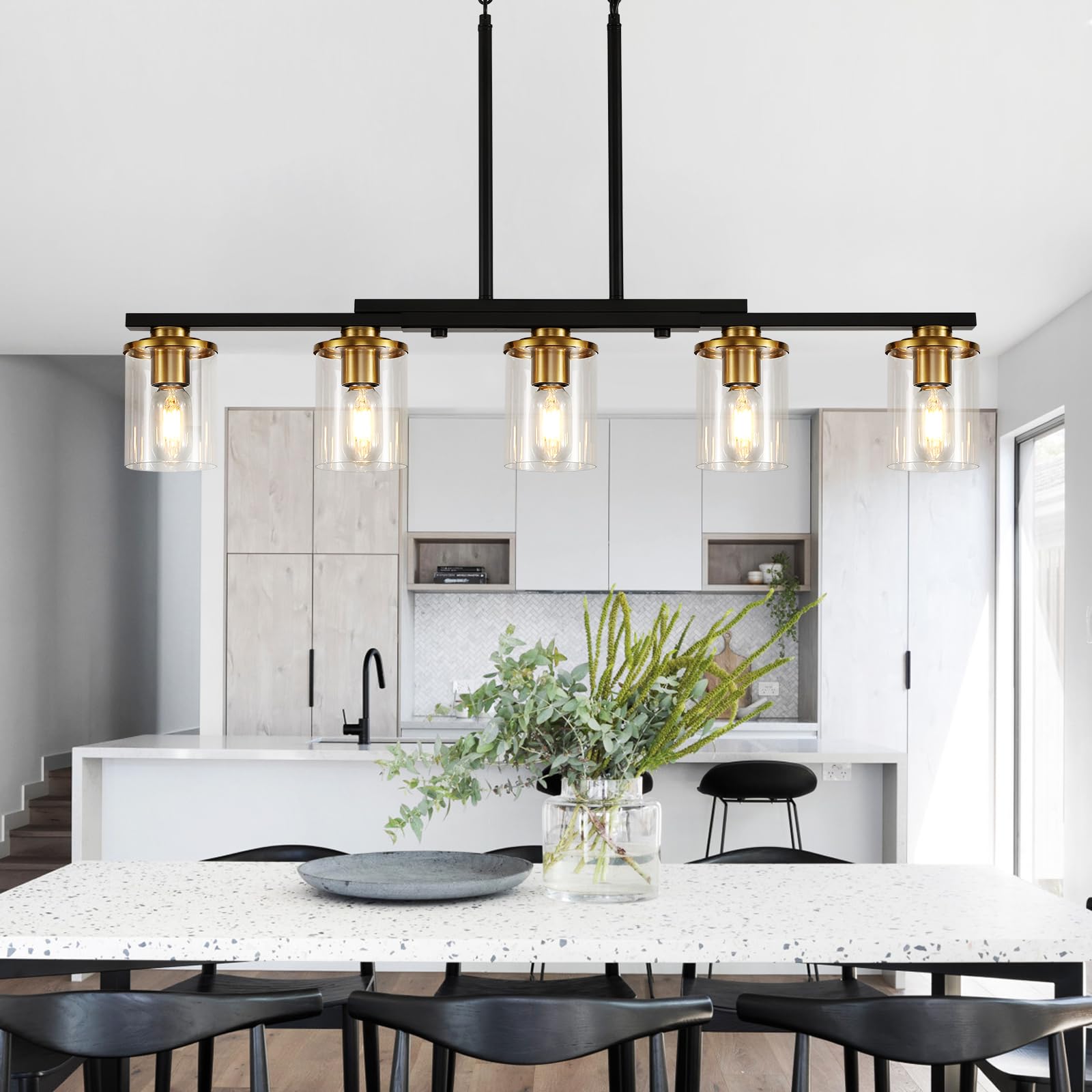 5-Light Modern Farmhouse Chandelier - Black & Gold Rustic Kitchen Island Lighting with Clear Glass Shades - Perfect for Dining Room, Breakfast Nook, and Kitchen Table Pendant Lighting