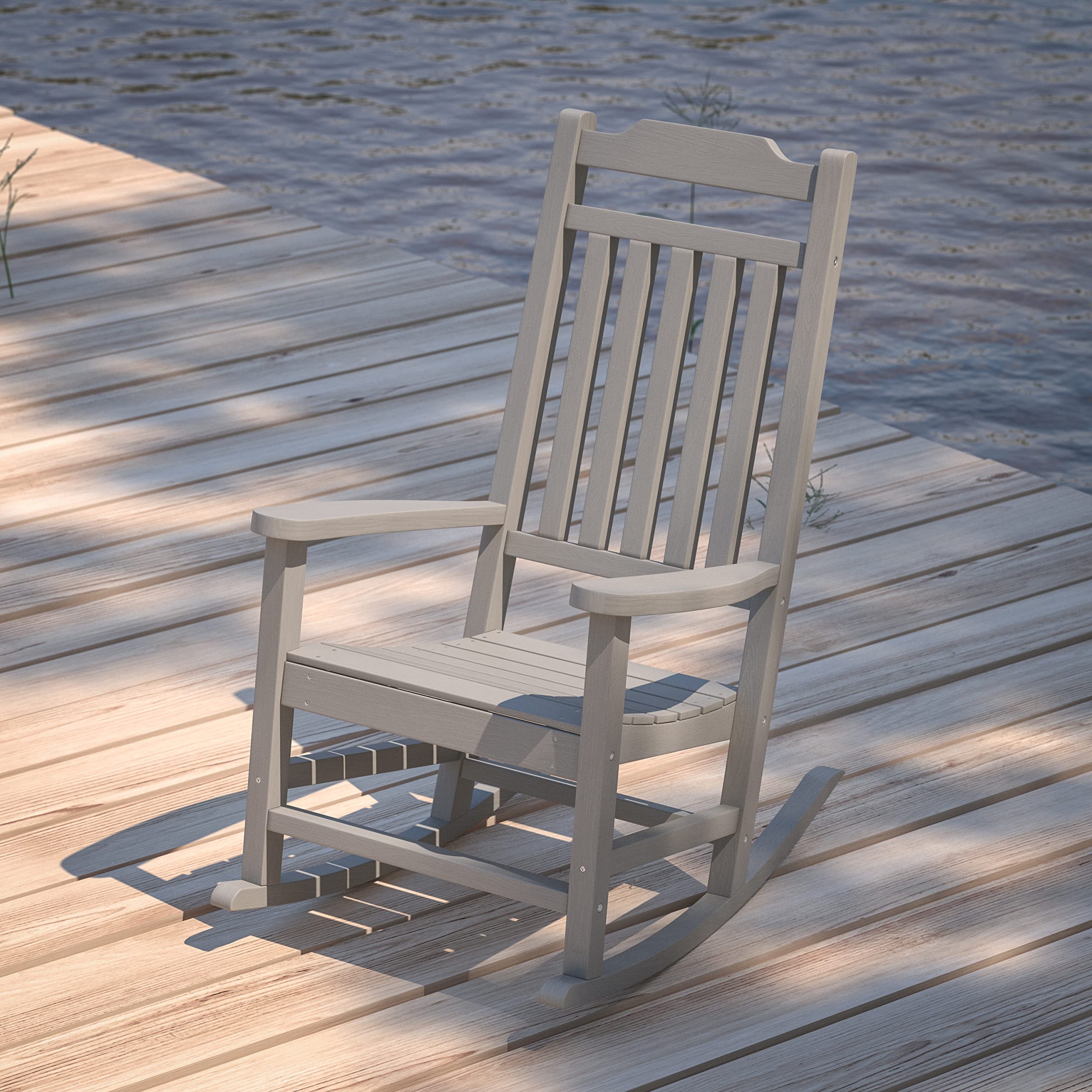 Merrick Lane Hillford All-Weather Rocking Chair - Gray Poly Resin Indoor/Outdoor Patio Rocker - Perfect for Porch, Deck, Garden & Sunroom Relaxation