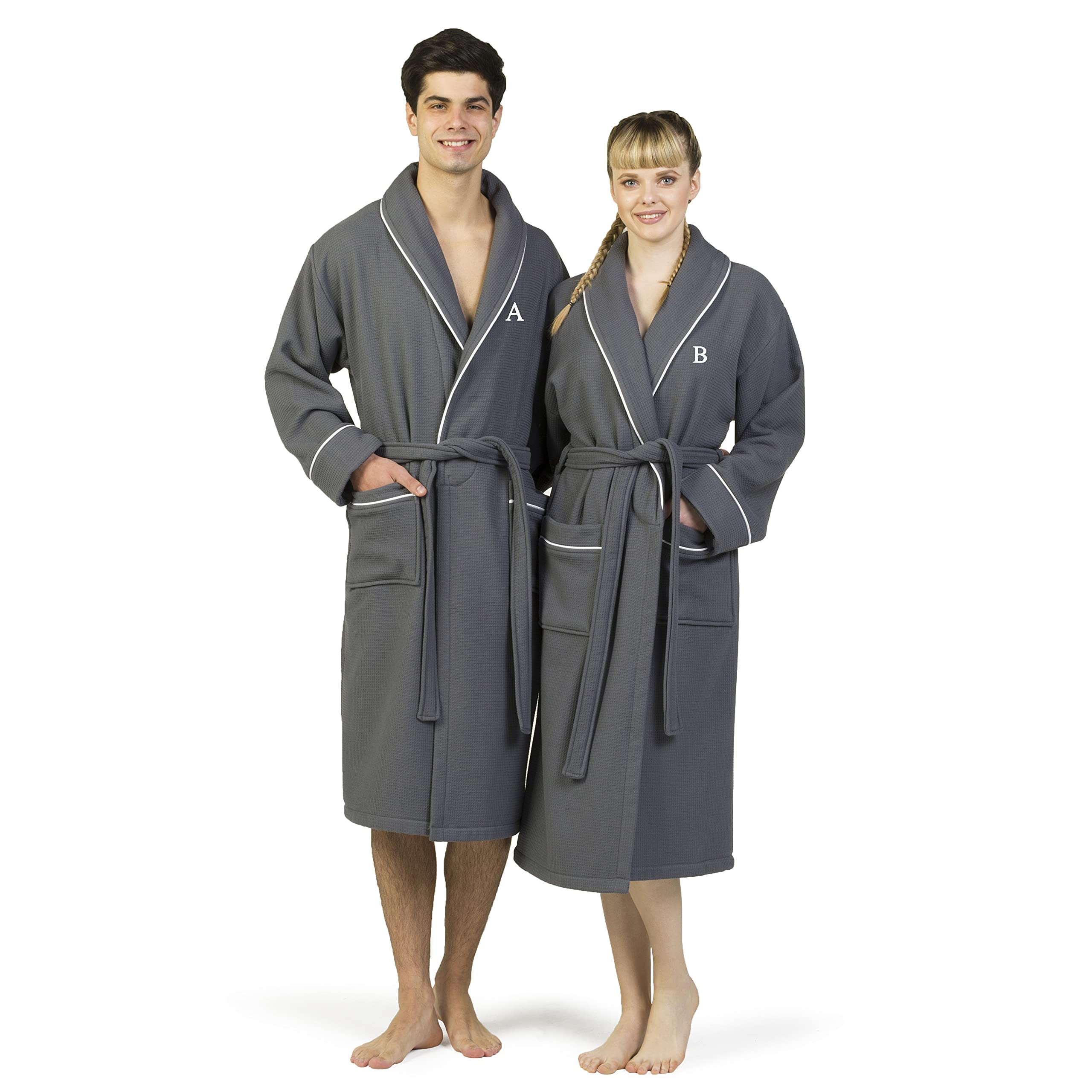 Premium Dark Grey Unisex Turkish Cotton Waffle Weave Terry Bathrobe with White Block Monogram B S/M - Soft & Absorbent Spa Robe for Women & Men, Perfect for Bath, Lounge & Hotel Luxury