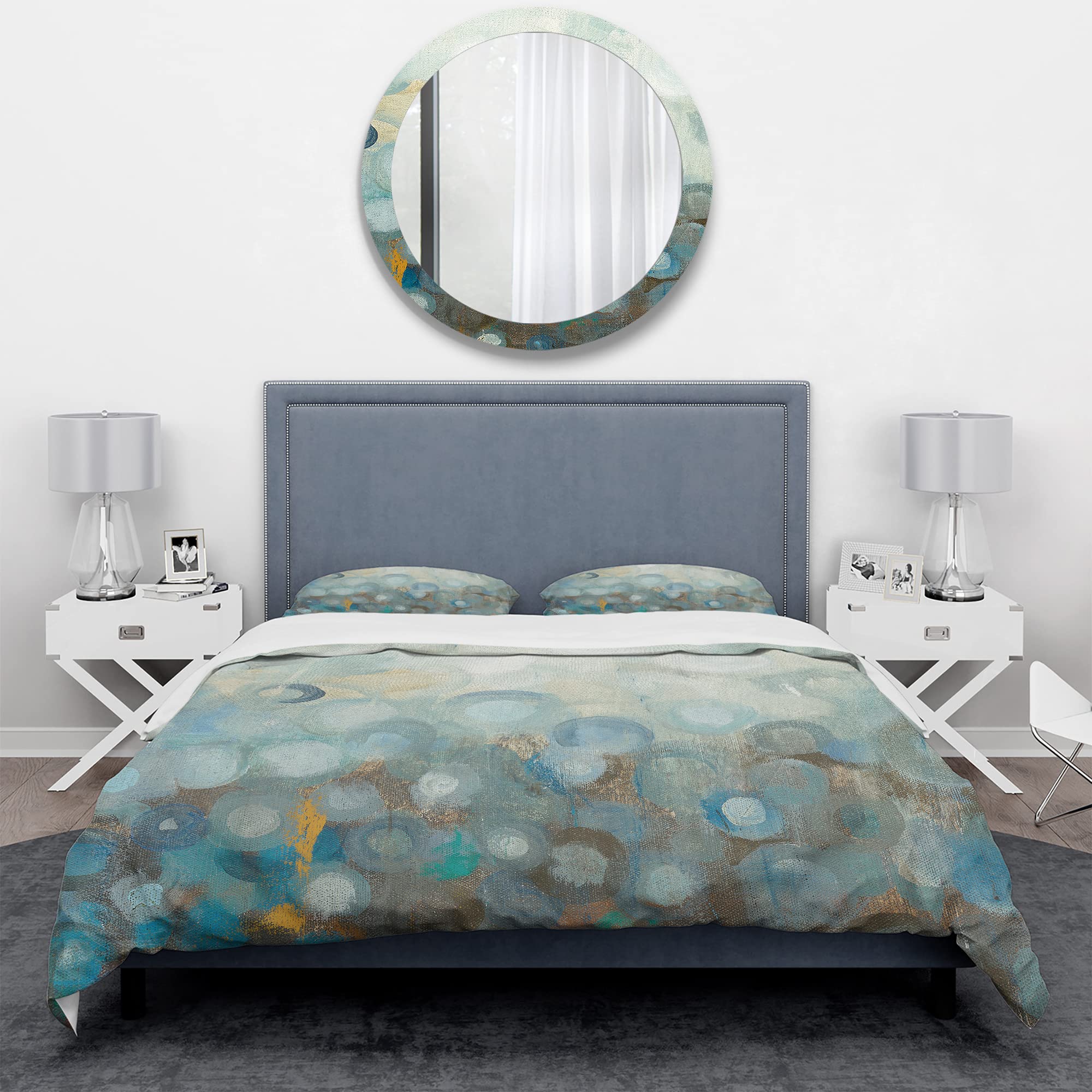 DesignQ Blue & Bronze Dots Glass Print Duvet Cover Set King Size - 3 Piece Abstract Modern Bedding | All Season Comfort for Contemporary Bedrooms & Guest Rooms