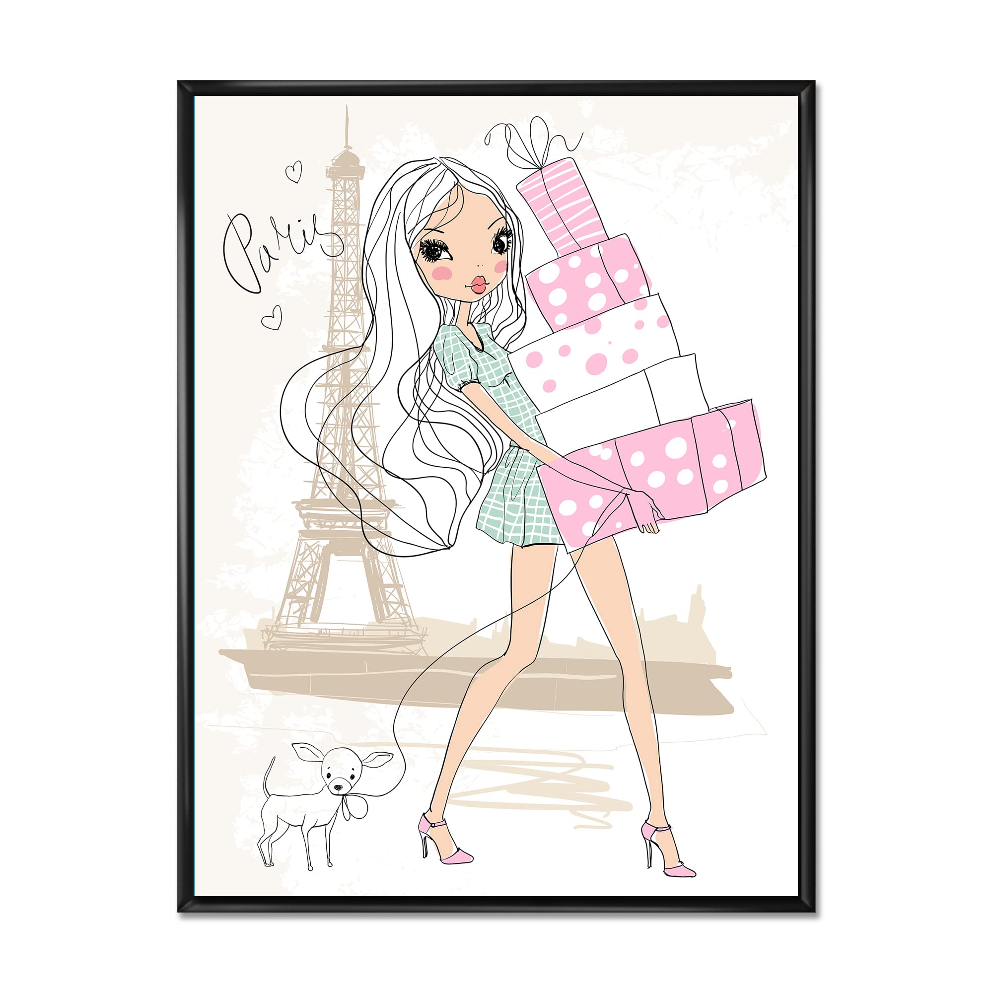Shabby Chic Framed Canvas Wall Art Print - DesignQ Young Girl with Shopping Boxes in Paris - Perfect for Girls' Bedroom, Nursery, or Chic Home Decor