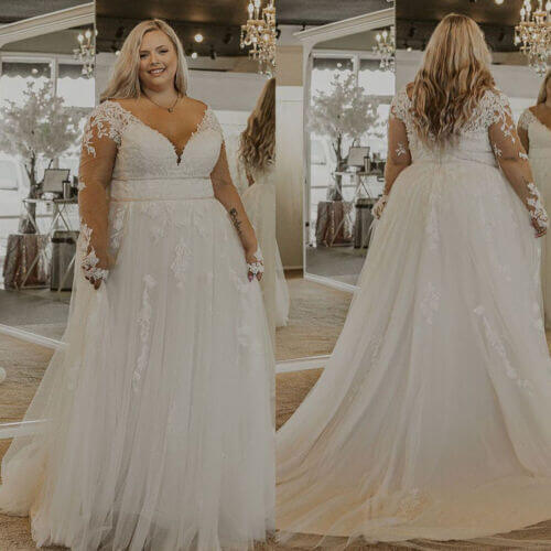 Elegant Plus Size Long Sleeve Lace Wedding Dress with V-Neck A-Line Silhouette | UK Bridal Gown for Church, Beach, and Garden Weddings
