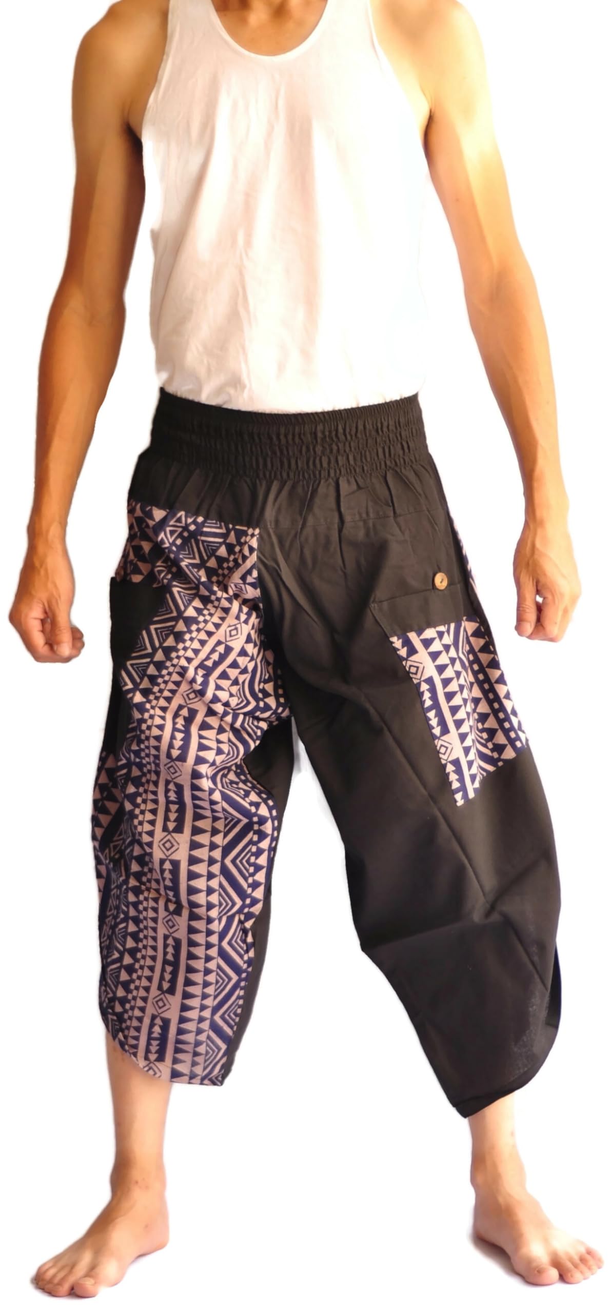 **Men's Harem Yoga Pants - High Waisted Loose Fit Navy Blue & Black Elephant Print Thai Fisherman Pants for Meditation, Lounge & Travel**