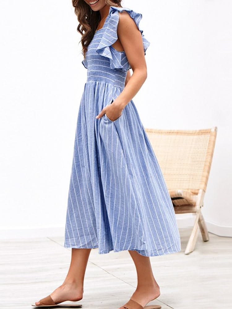 Miessial Women's Casual Summer Midi Dress - Short Sleeve Smocked Linen Boho Dress with Pockets | Beach Wedding Guest Outfit, Vacation Dress, Garden Party Attire