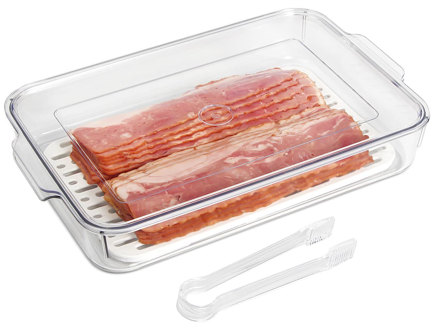 Bacon Storage Container for Fridge - Airtight Bacon Holder & Deli Meat Cheese Keeper with Serving Tongs & Drain Plate - Perfect for Refrigerator Organization & Food Preservation - Ideal for Meal Prep, BBQ Parties, and Camping Trips