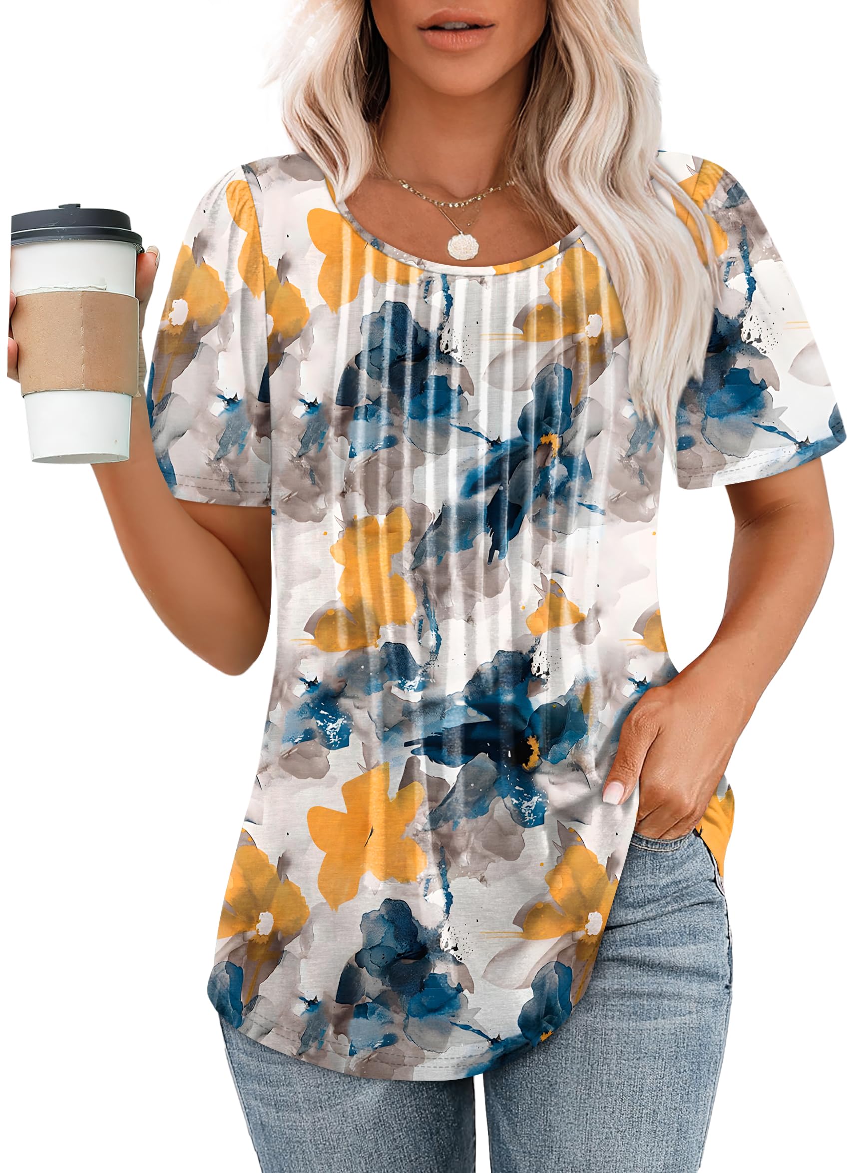 WIHOLL Women's Summer Short Sleeve Shirts - Casual Dressy Tops with Pleated Front - Perfect for Office, Date Night & Weekend Outings