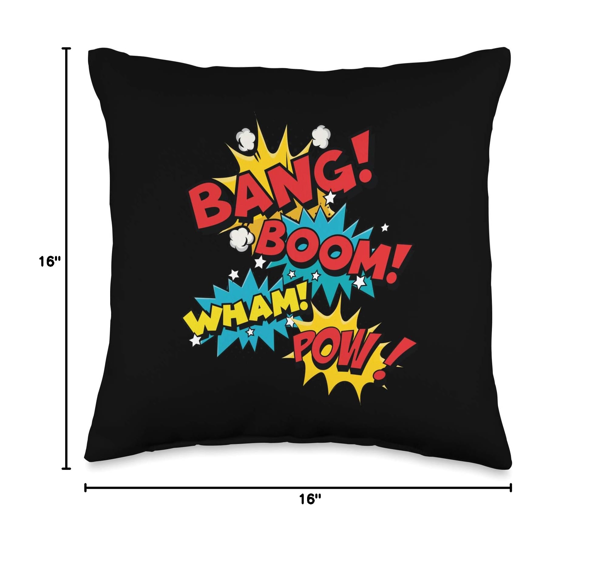 Bang Boom Pow Wham Comic Bubbles Throw Pillow - Pop Art Style Home Decor for Living Room, Bedroom, or Office - Perfect Gift for Comic Book & Superhero Fans