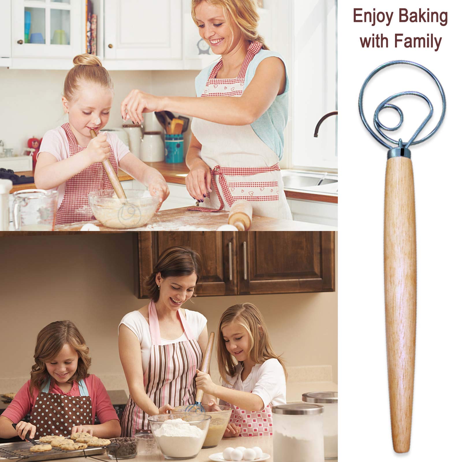 Premium Danish Dough Whisk - 13 Inch Stainless Steel Baking Tool with Wooden Handle for Cake, Pastry & Pizza Dough - Perfect for Home Bakers & Professional Kitchens