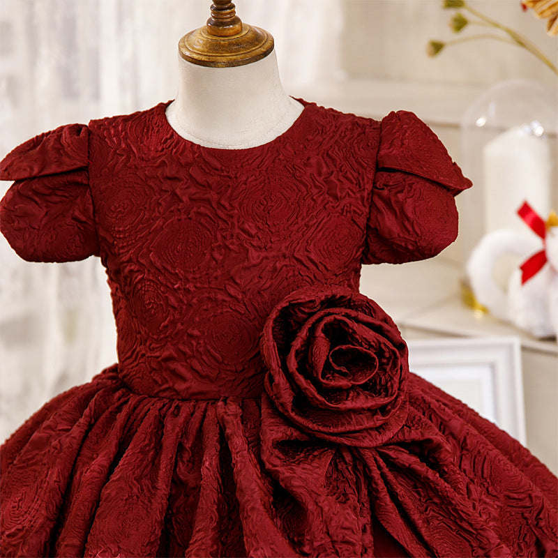 Burgundy Satin Princess Flower Girl Dress with Puff Sleeves - Perfect for Weddings, Pageants & Special Occasions