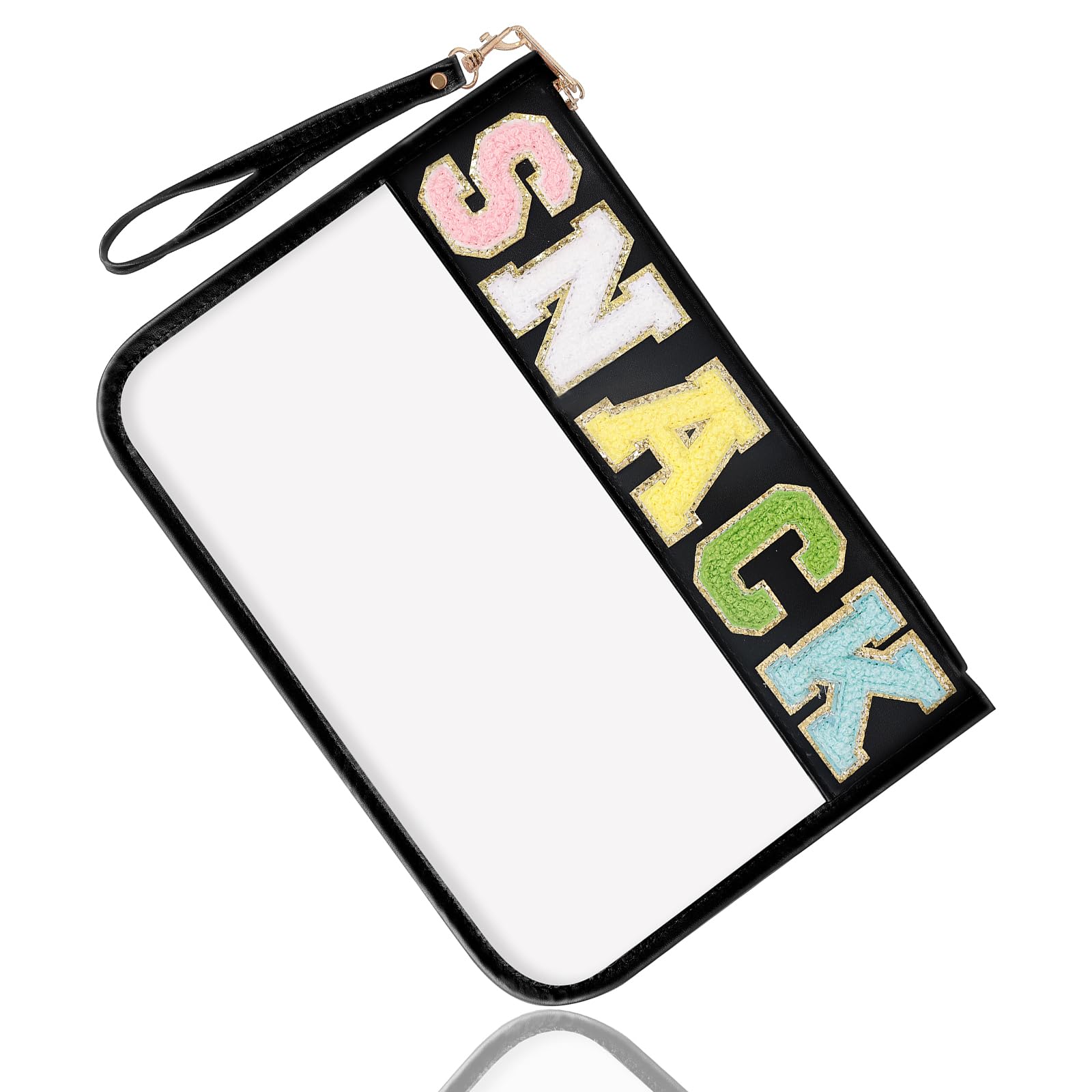 Monogrammed Chenille Letter Clear PVC & PU Zipper Pouch with Wristlet - Waterproof Glitter Snack Bag, Makeup Pouch & Toiletry Organizer for Women & Girls (Black) - Perfect for School Lunches, Beach Trips & Travel Accessories