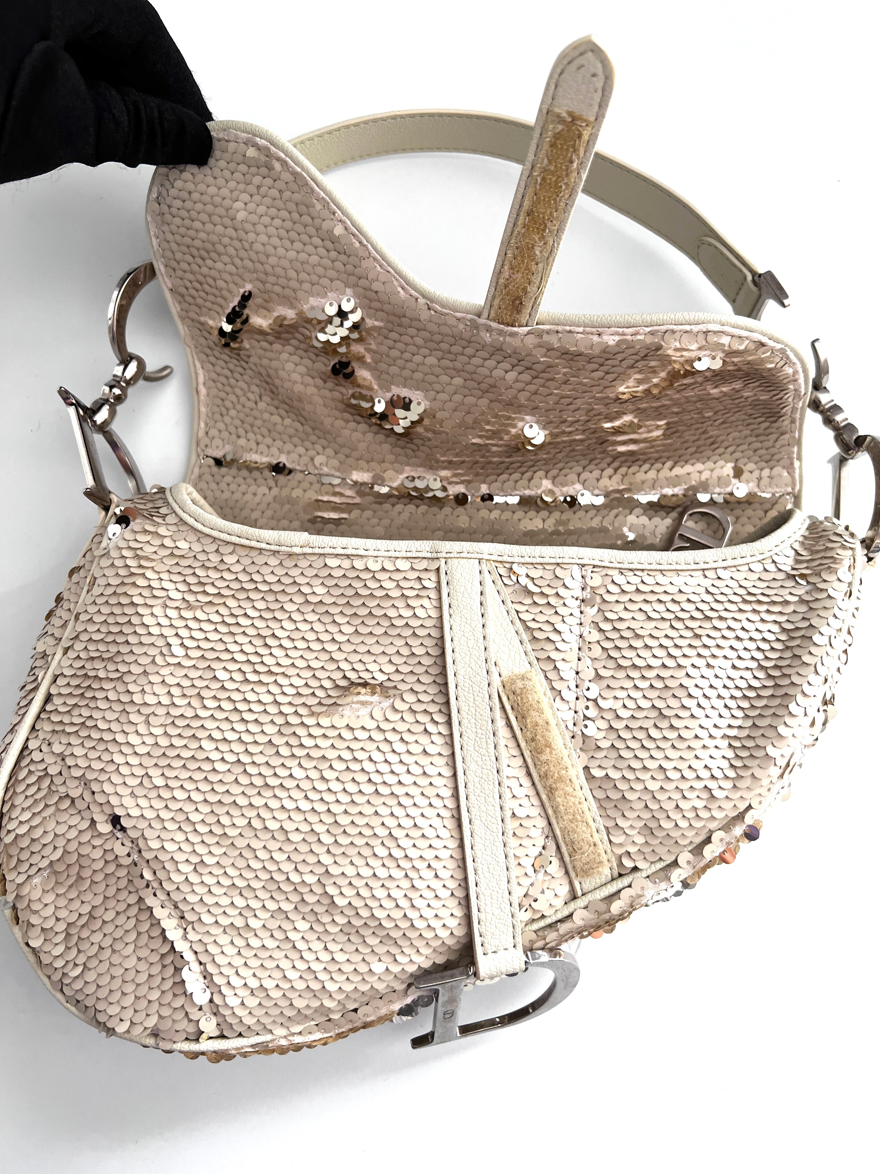 Vintage Dior Cream Reversible Sequin Saddle Bag - Matte & Radiant Finish | Luxury Crossbody Purse for Evening Parties, Weddings & Special Occasions