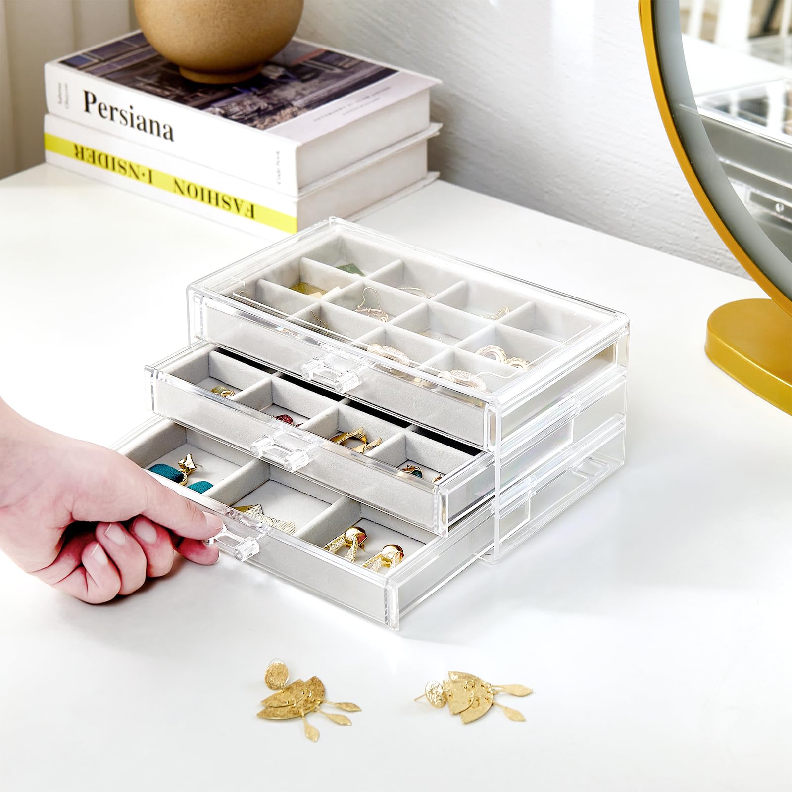ProCase 3-Drawer Acrylic Jewelry Organizer Box with Adjustable Velvet Trays - Clear Earring Holder for Women (Grey) | Perfect for Bedroom Vanity, Travel & Gift Giving