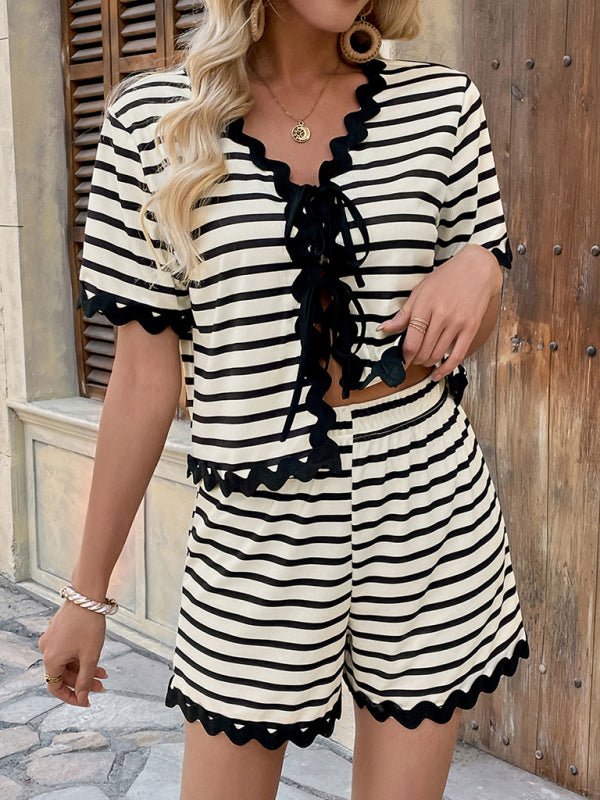 Stylish Striped Lace-Up Shorts Set for Women - Trendy Spring Summer Outfit - Perfect for Beach Vacations, Casual Outings & Summer Fashion