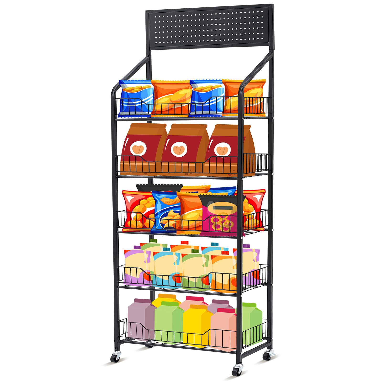 Heavy-Duty 5-Tier Metal Retail Display Rack with Wheels & 15 Hooks - Snack, Potato Chip Organizer Cart for Supermarket, Grocery Store, Home Kitchen (Black) | Perfect for Concession Stands, Pantry Organization & Retail Product Displays
