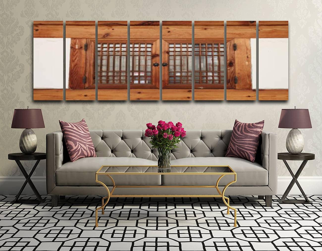 8 Panel Extra Large Korean Traditional Wooden Window Canvas Wall Art - Framed Ready to Hang for Office, Home & Living Room Decor | Perfect for Asian-Inspired Interior Design & Cultural Home Styling