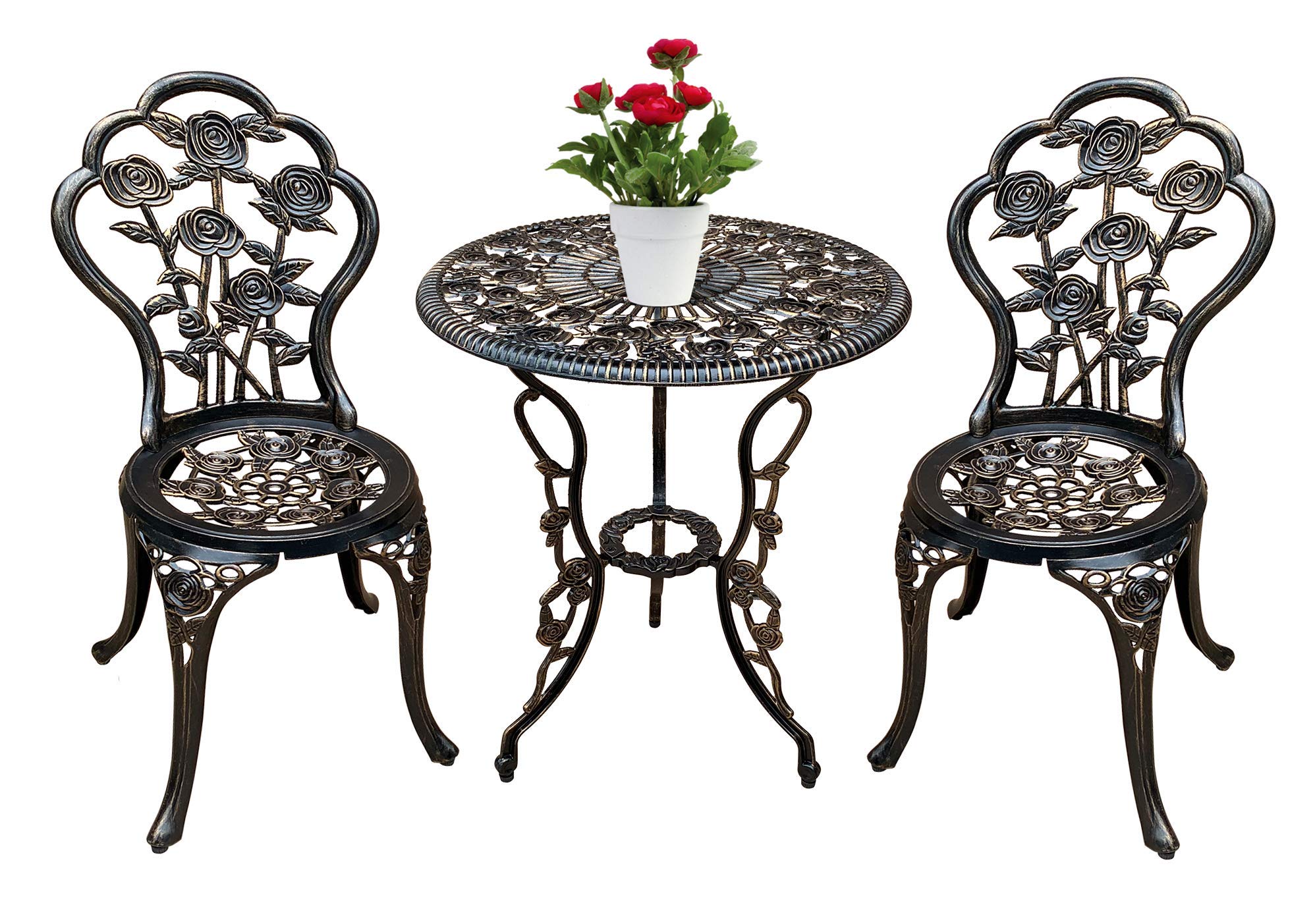 Outrora 3-Piece Outdoor Bistro Table Set - Rust-Resistant Cast Aluminum Patio Furniture with Antique Bronze Rose Design & Umbrella Hole - Perfect for Garden, Balcony, and Poolside Dining