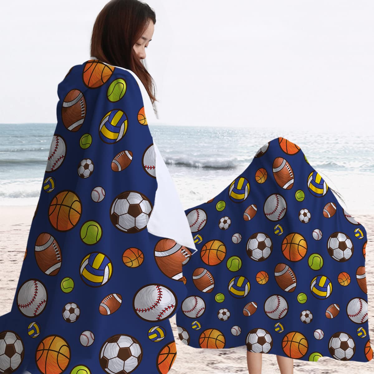 BlessLiving Hooded Beach Towel & Poncho - Soft Plush Microfiber Swim Cover Up for Kids & Adults - Navy Blue Ball Design - 2 Pack for Pool, Beach & Outdoor Activities