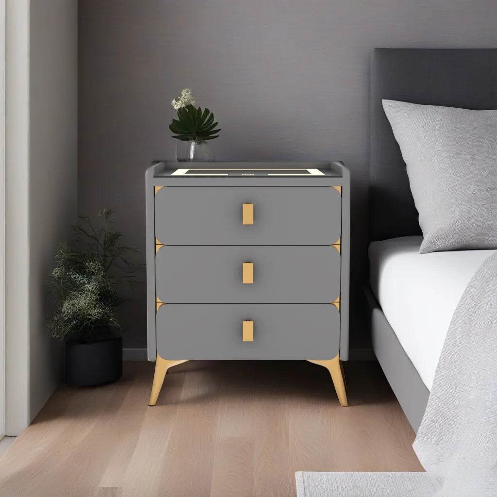 Modern Grey Bedside Table with LED Light - Nightstand with USB Charging Port & Storage Shelf for Bedroom, Living Room, or Office