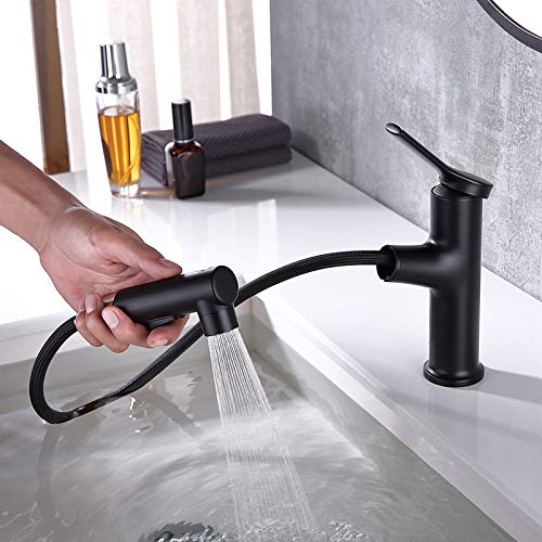 Modern Single Hole Bathroom Faucet with Pull Out Sprayer - 3 Mode Pull Down Sprayer, One Handle Brass Basin Mixer Tap for Vanity Sink - Farmhouse Style in Matte Black - Perfect for Bathroom Renovation & Modern Home Decor