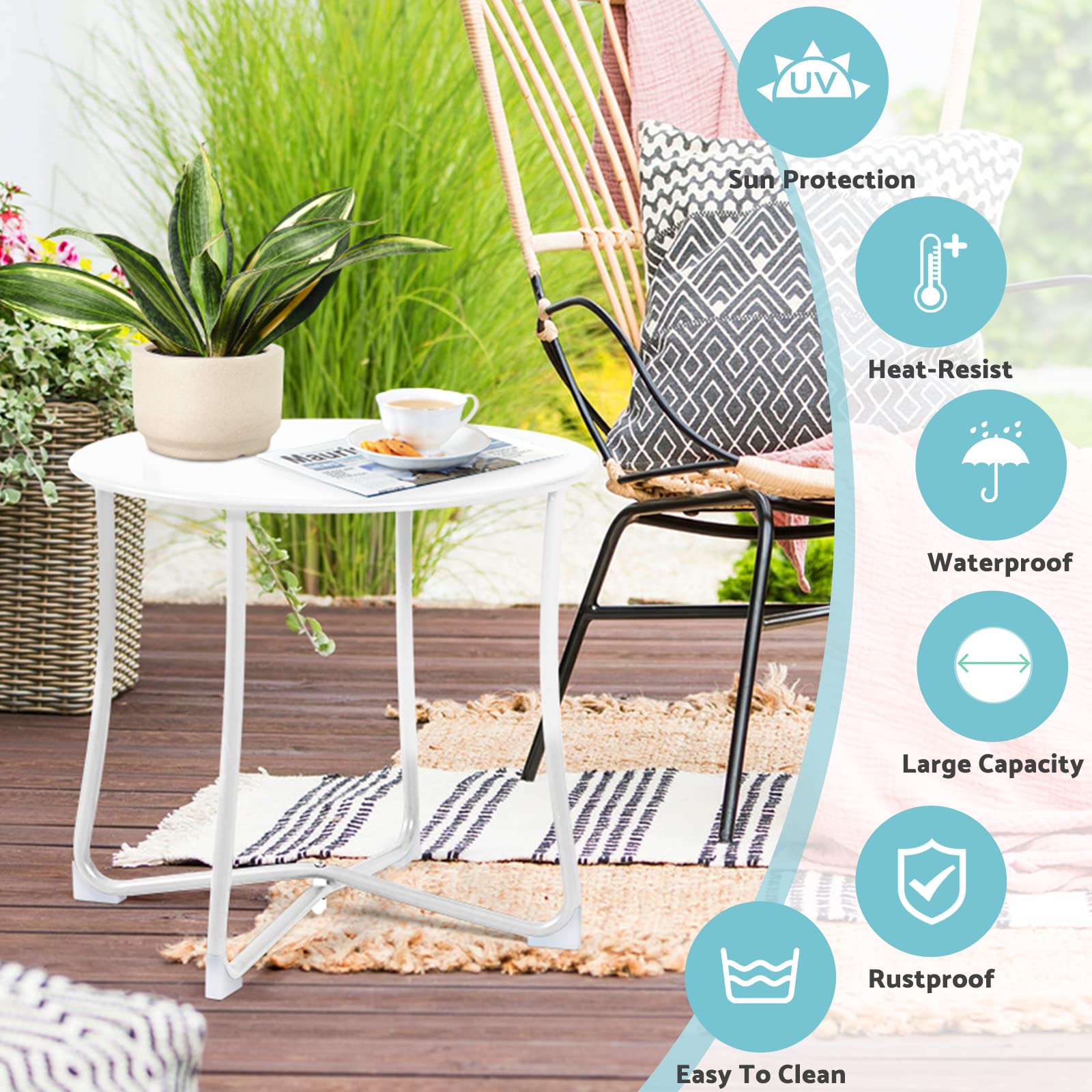 AMAGABELI GARDEN & HOME 18 Inch White Metal Patio Side Table - Weather Resistant & Anti-Rust Outdoor Coffee Table for Balcony, Garden, Yard, Porch - Perfect for Drinks, Snacks & Outdoor Relaxation