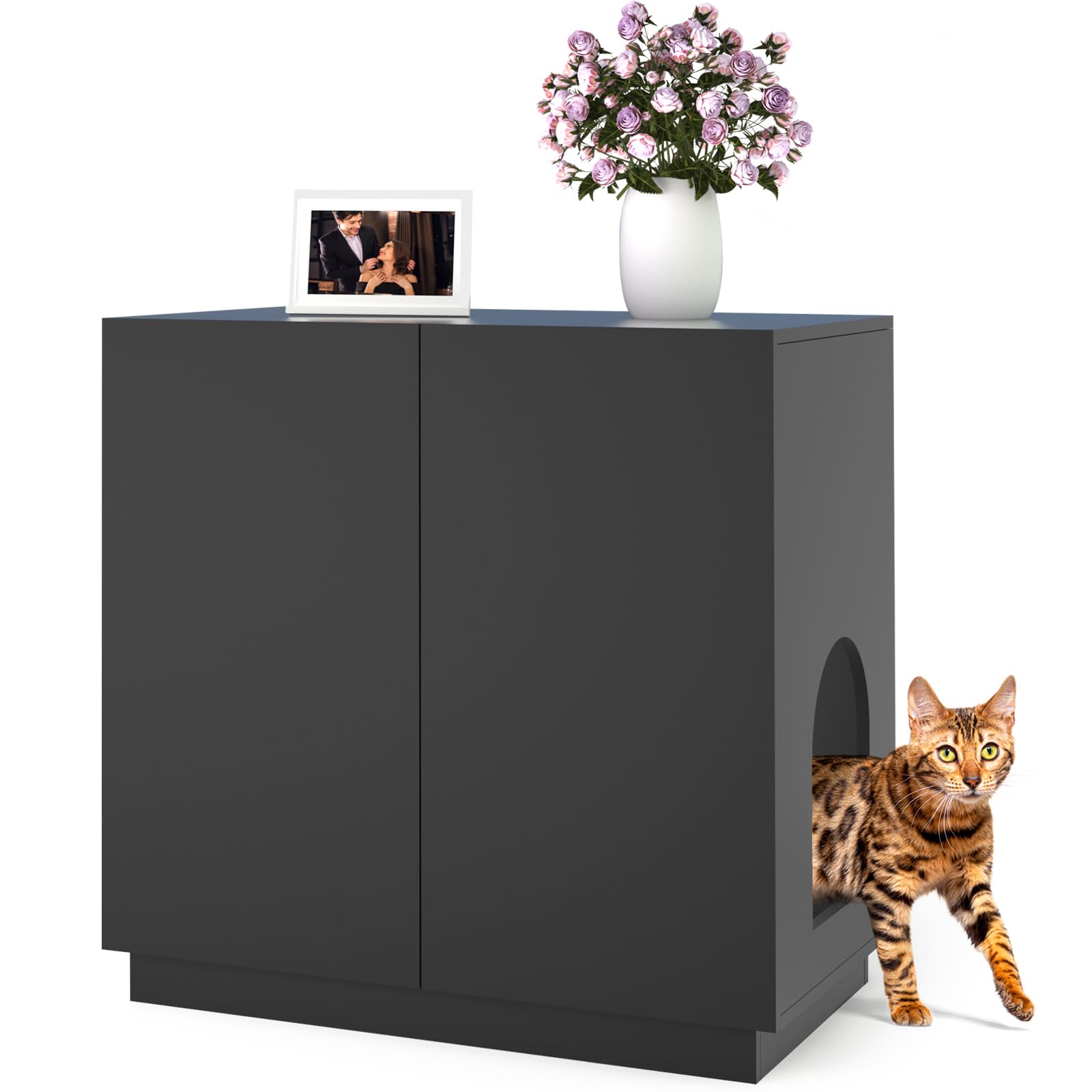 Modern Cat Litter Box Enclosure Furniture with Storage - Large Hidden Litter Box Cabinet for Cats - Side Cabinet Design (Black) | Perfect for Small Spaces & Home Decor