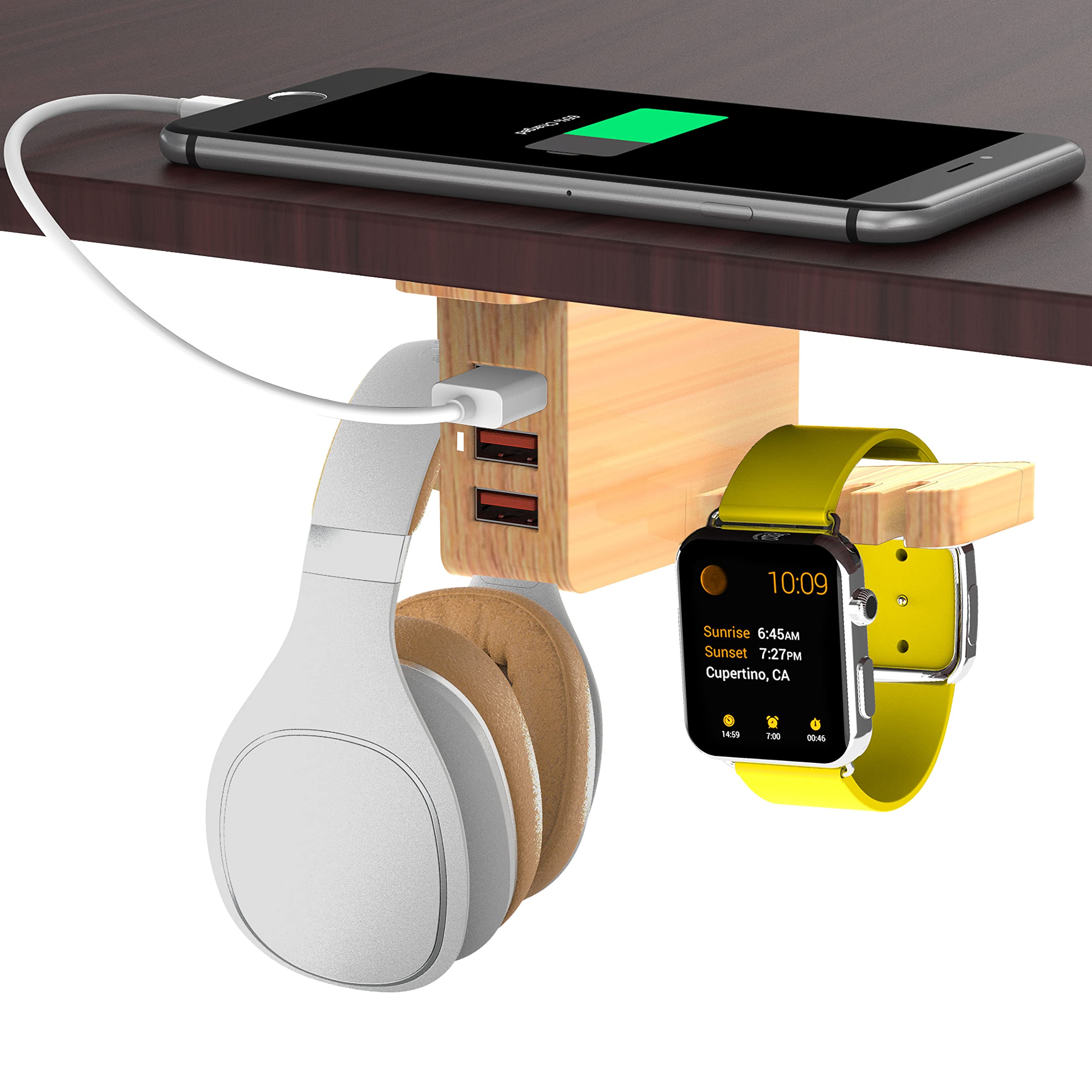Cozoo Wooden Headphone Stand with 3-Port USB Charger & Smart Watch Dock - Under Desk Mount for Wireless Headphones, iWatch, and Dual Earphone Hanger - Perfect for Home Office, Gaming Setup & Workspace Organization (UL Certified)