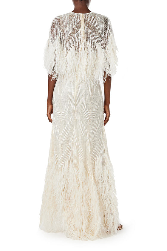 Elegant Feathered Capelet Gown for Women - Vintage Inspired Evening Dress for Prom, Wedding & Special Occasions