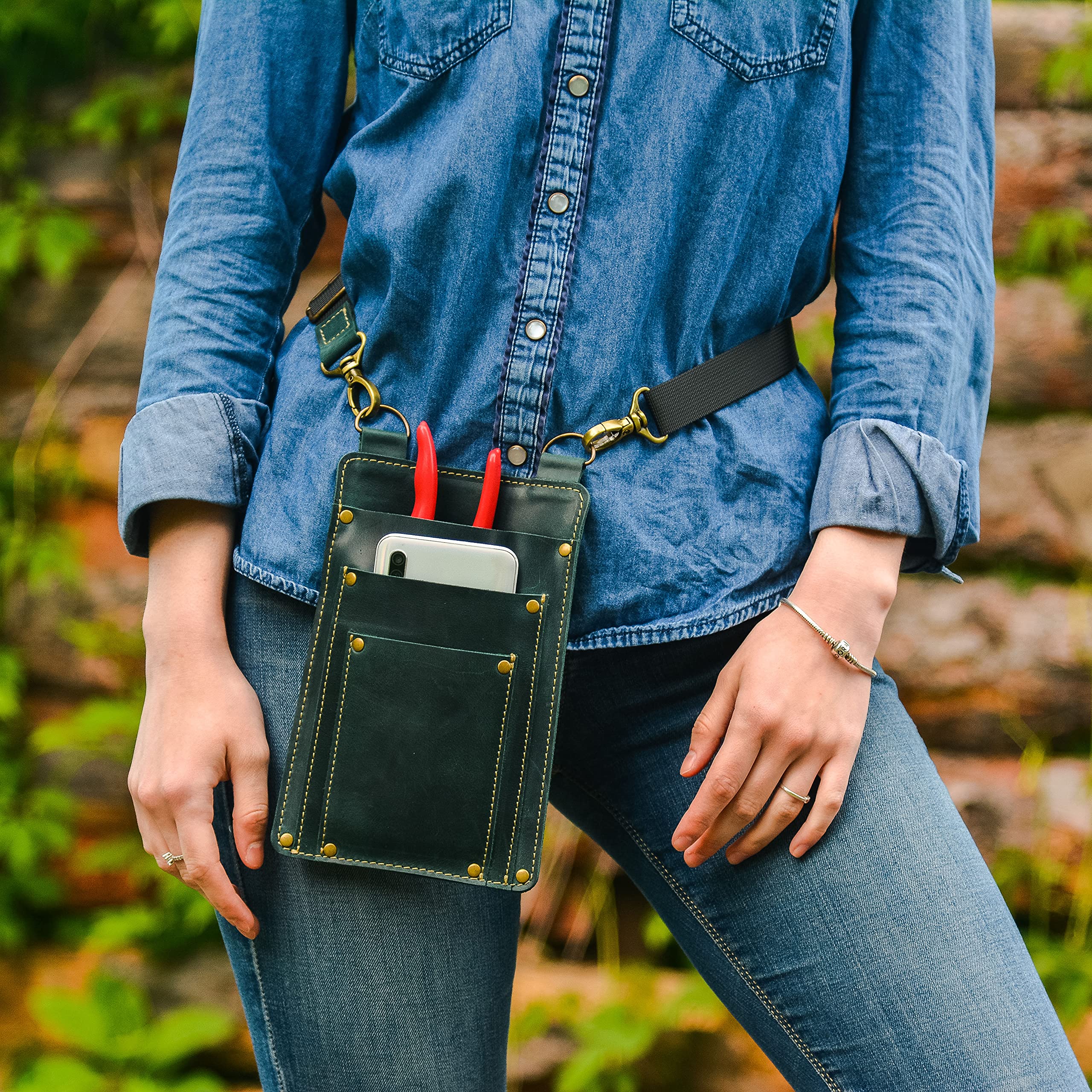 Leather Florist Tool Belt Bag - Garden Farmer Pouch Organizer with Hand Tools Holder - Utility Kit for Gardening, Landscaping & DIY Projects (Atlantic Deep Green) - Perfect for Outdoor Work, Planting & Crafting
