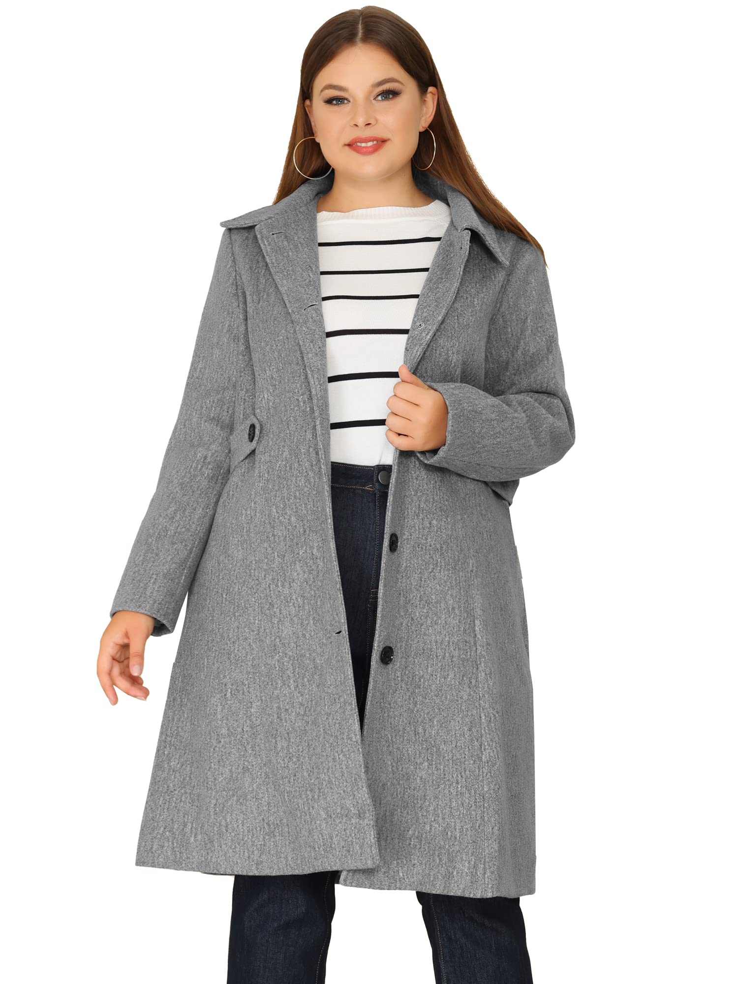 Agnes Orinda Women's Plus Size Single Breasted Belted Winter Long Coat - Warm Wool Blend Trench Coat for Cold Weather, Office & Casual Outfits