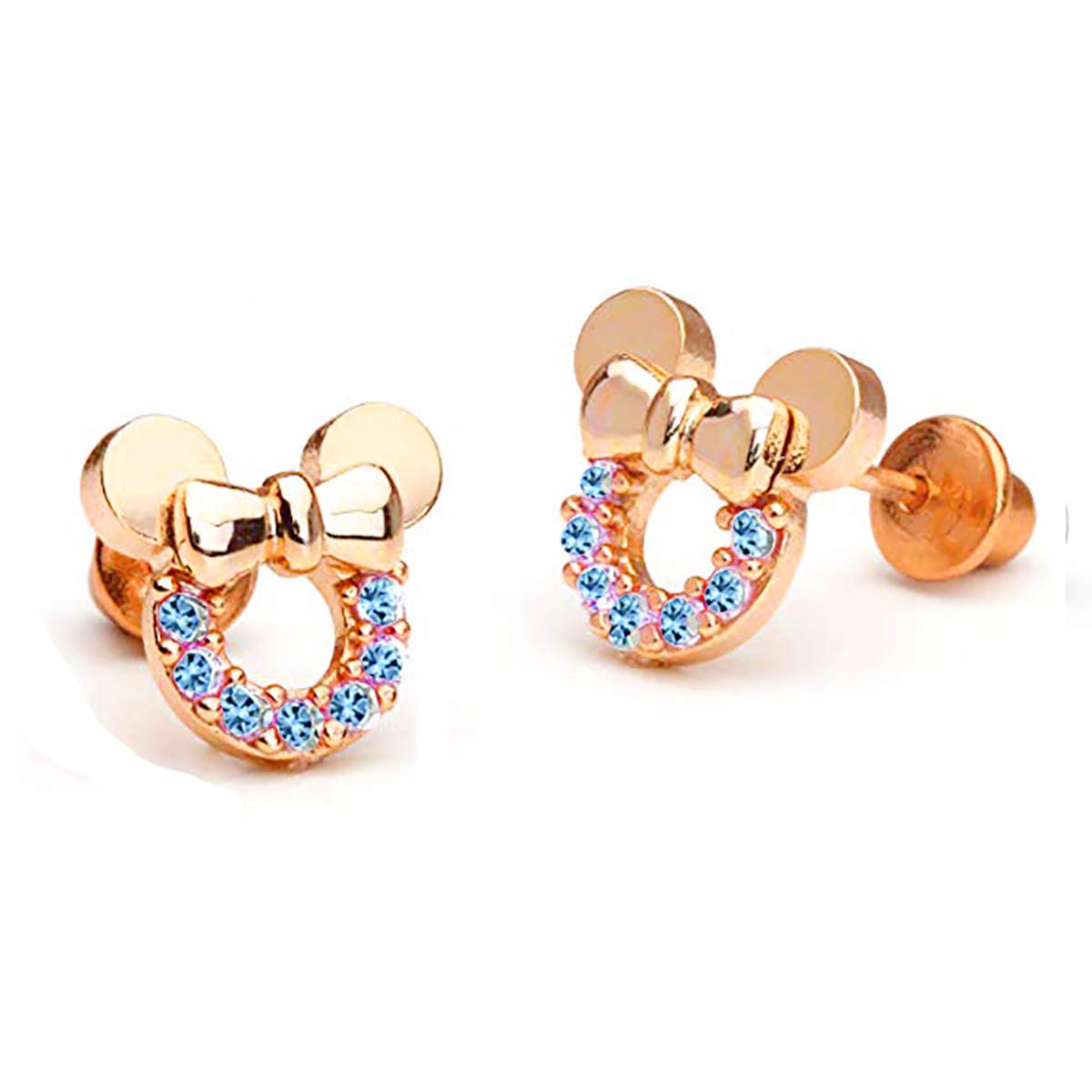Kaguyo Sterling Silver Mickey Mouse Earrings for Women & Girls - Gold Plated Amethyst & Pink Blue Zirconia Stud Earrings - Birthday Gift for Her - Perfect for Disney Fans, Costume Parties & Everyday Wear