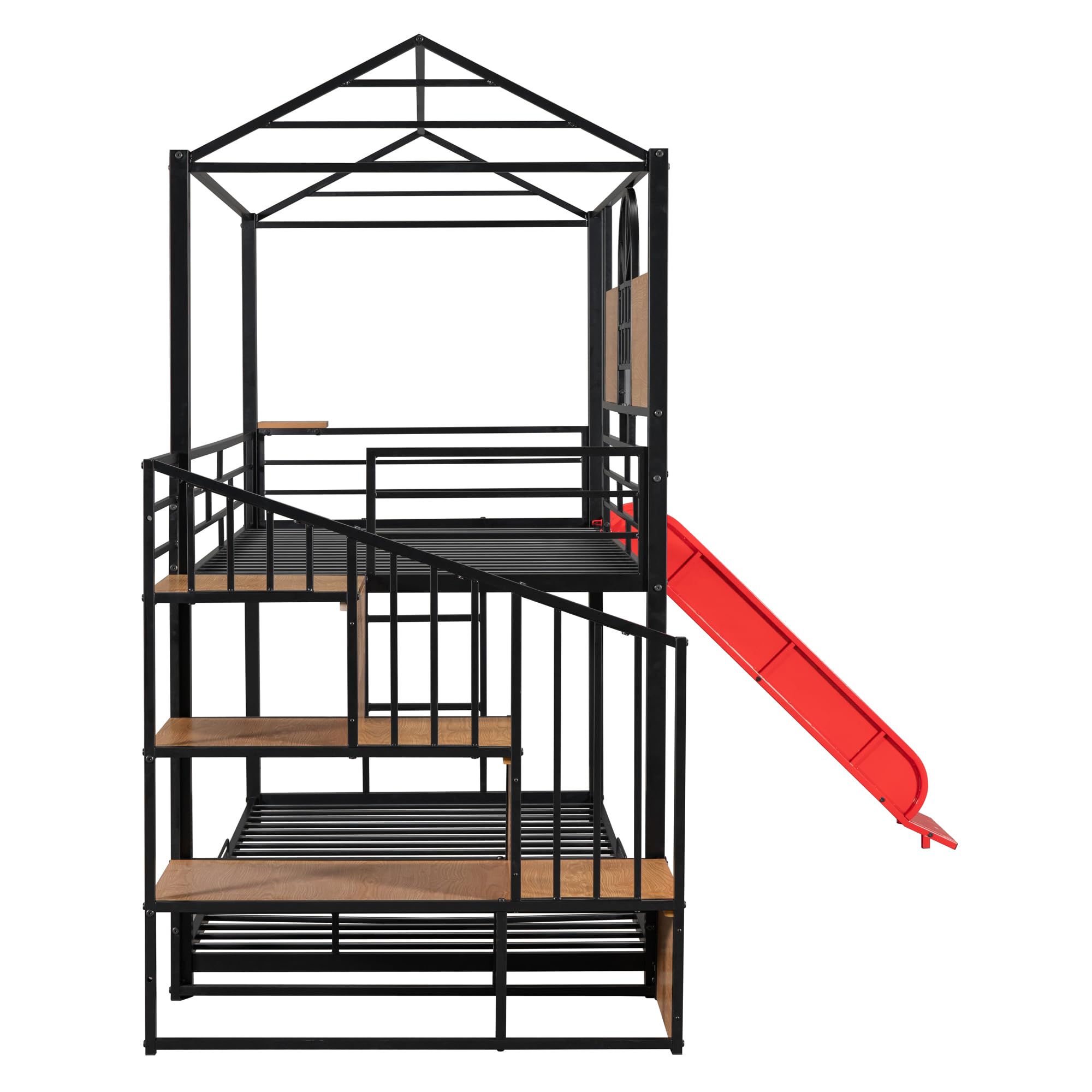 Harper & Bright Designs Twin Over Twin Bunk Bed with Slide & Convertible Staircase - Kids Metal Bunk Bed Frame with Storage - No Box Spring Needed - Black & Red - Perfect for Kids' Bedrooms, Guest Rooms & Space-Saving Solutions