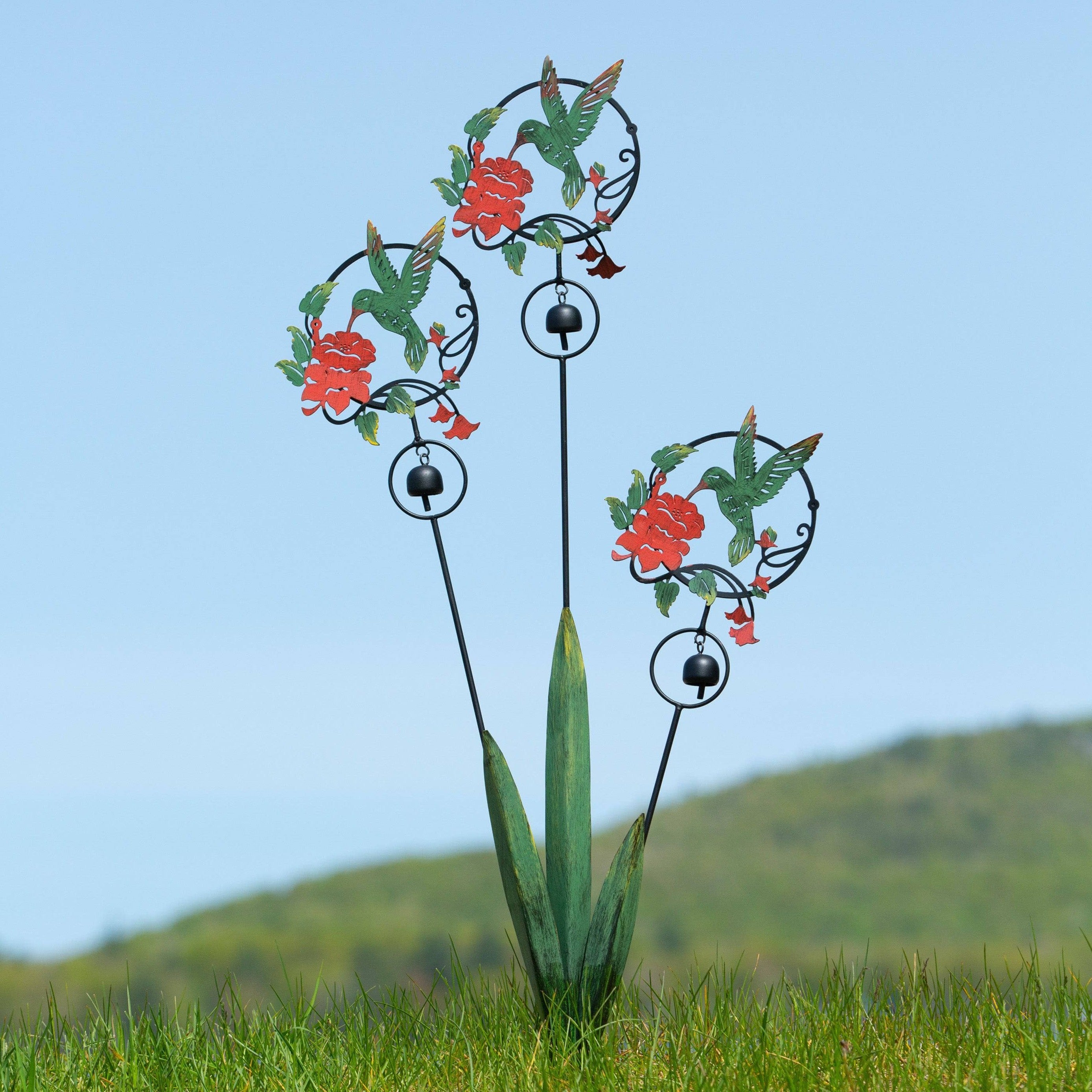 Vibrant Triple Hummingbird & Lily Garden Stakes - Colorful Metal Flower Yard Decor for Outdoor Gardens, Patios, and Landscaping