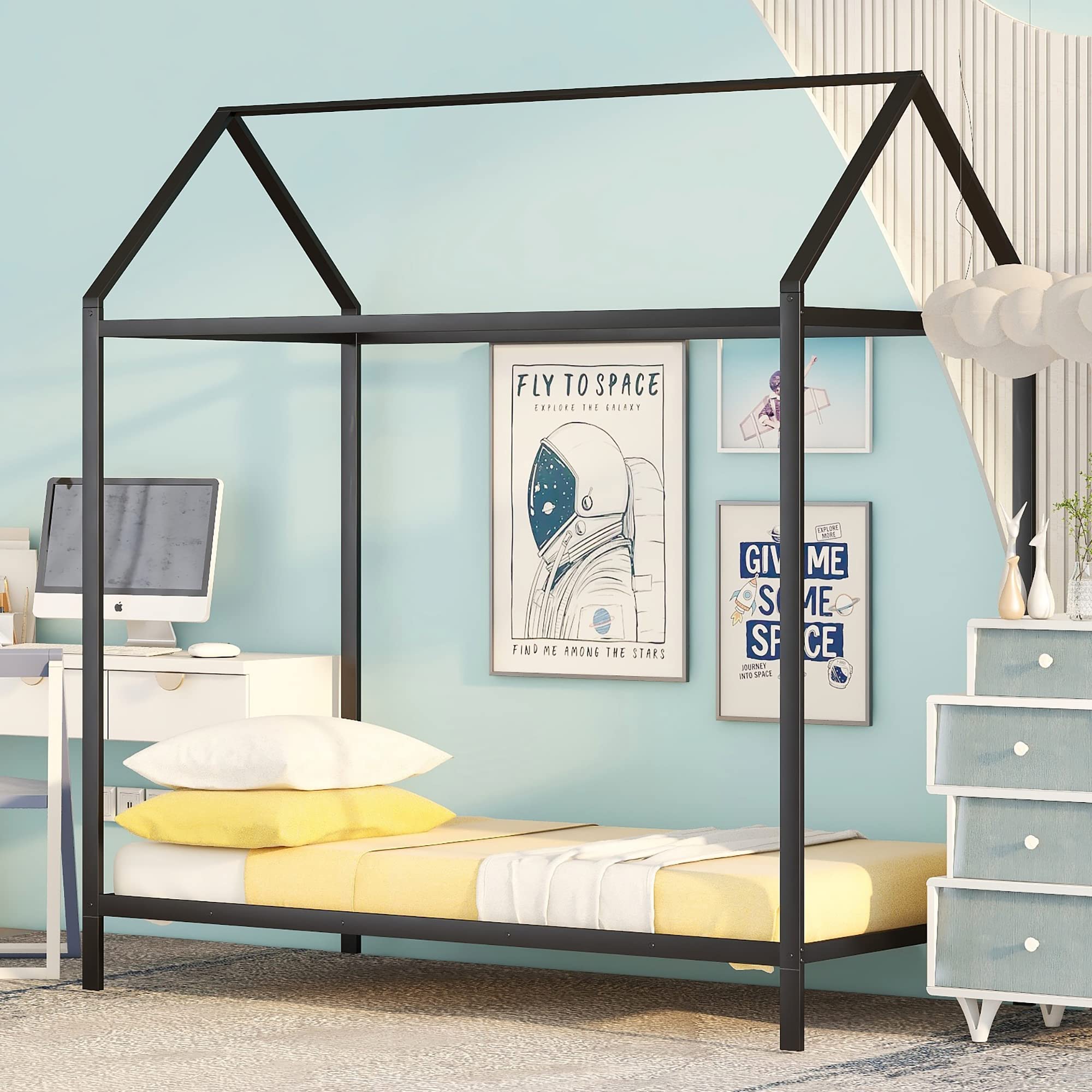 Montessori Twin Bed for Kids - Metal House Bed Frame with Roof for Boys & Girls - Black Floor Bed for Children's Bedroom (Box Spring Needed) - Perfect for Montessori Rooms, Playrooms & Small Spaces