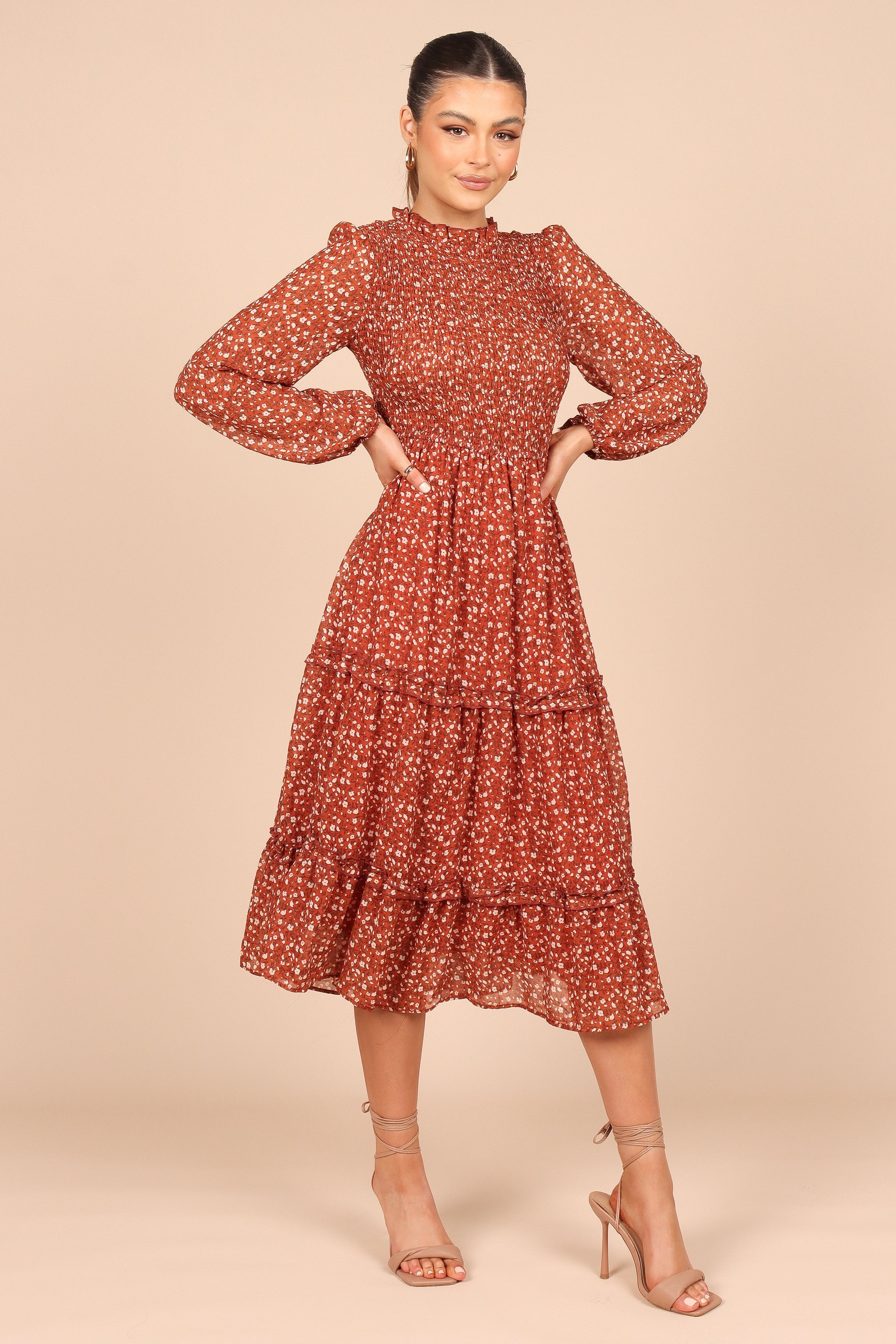 Edwina Women's Rust Floral Shirred Frill Long Sleeve Midi Dress - Elegant Boho Style for Parties, Weddings & Date Nights