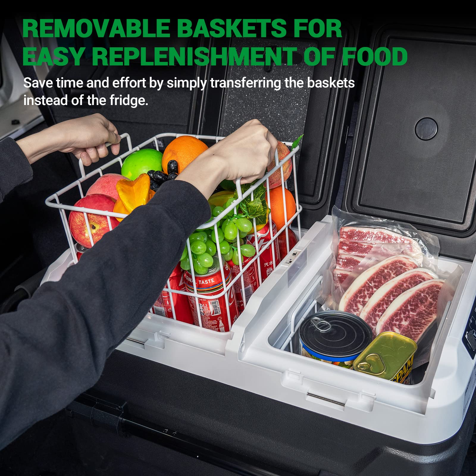 12V Portable Refrigerator 54QT Dual Zone Car Freezer - Independent Temperature Control (-4°F to 68°F), 51L Compressor Cooler with Wheels & Baskets for Camping, RV, Road Trips | 12/24V DC & 100-240V AC Power | Perfect for Outdoor Adventures, Tailgating & Long Drives
