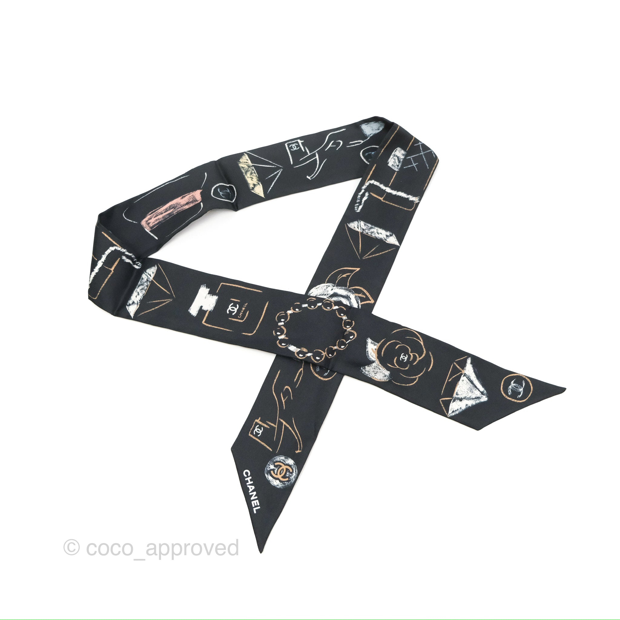 Chanel CC Silk Twilly Scarf - Black Luxury Designer Fashion Accessory for Women | Perfect for Handbags, Hats & Gift Giving