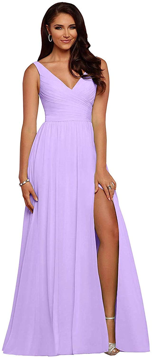 Elegant Lilac Chiffon Bridesmaid Dress with V-Neck & High Slit - Backless Long Prom Gown for Weddings, Parties & Formal Events