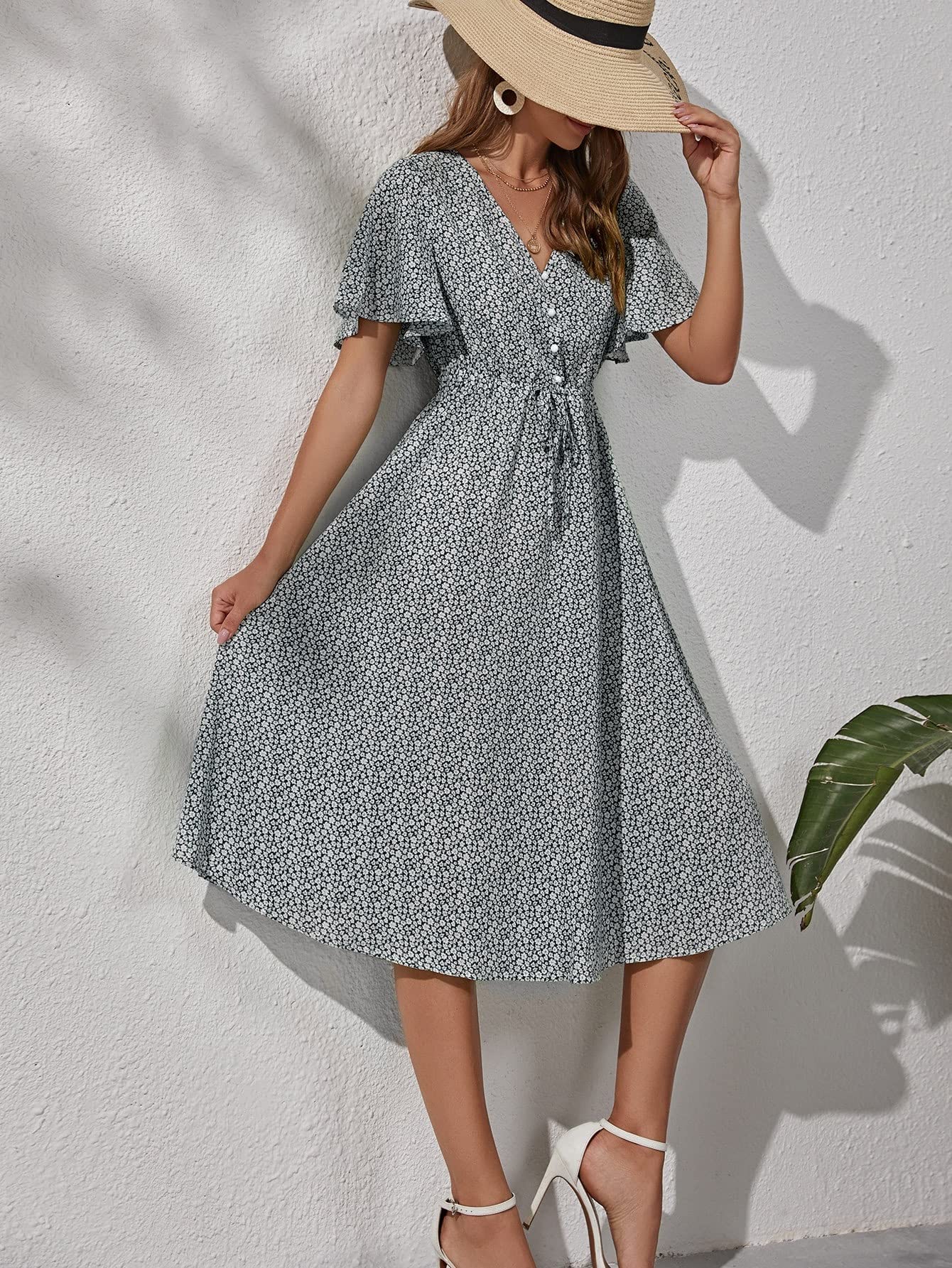 VIYAN Women's Floral Boho Dress with Drawstring Waist | Short Sleeve Summer Dress for Beach, Vacation & Casual Outings