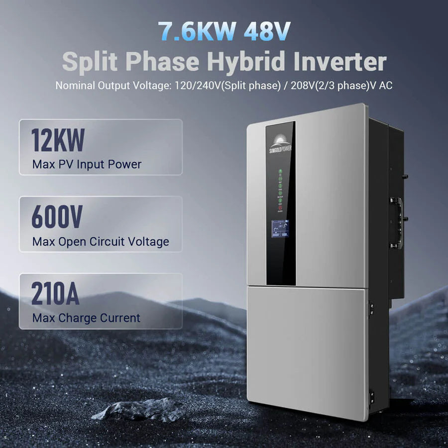 SunGoldPower 7.6KW 48V Split Phase Hybrid Solar Inverter for Home & RV Off-Grid Power System - Solar Energy Conversion with Battery Backup for Emergency & Outdoor Use