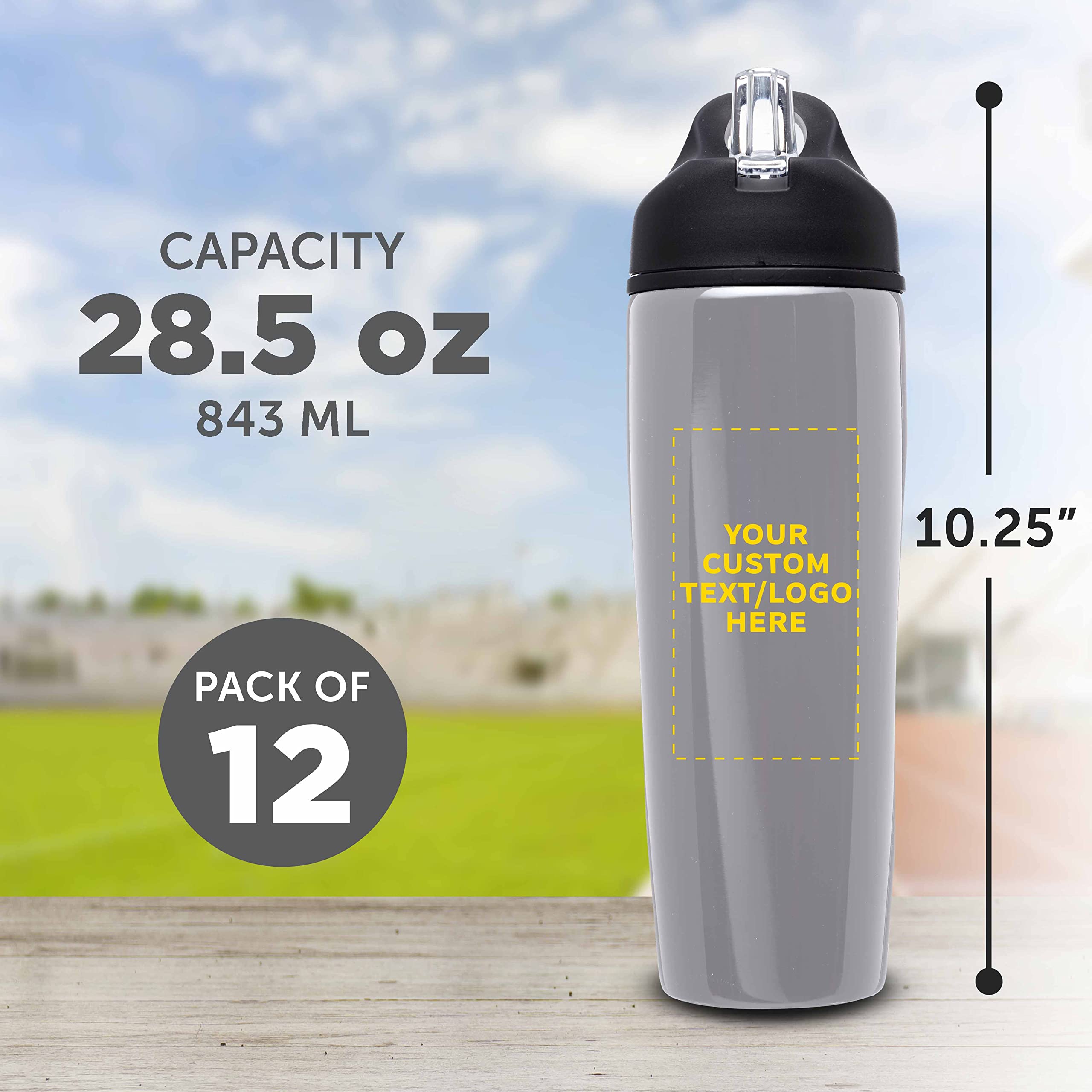 Custom Stainless Steel Water Bottle 12 Pack - Personalized Text & Logo - 28.5oz Metal Sports Bottles with Flip Top Lid - Easy Carry Handle - Silver - Perfect for Gym, Hiking, Office & Outdoor Activities