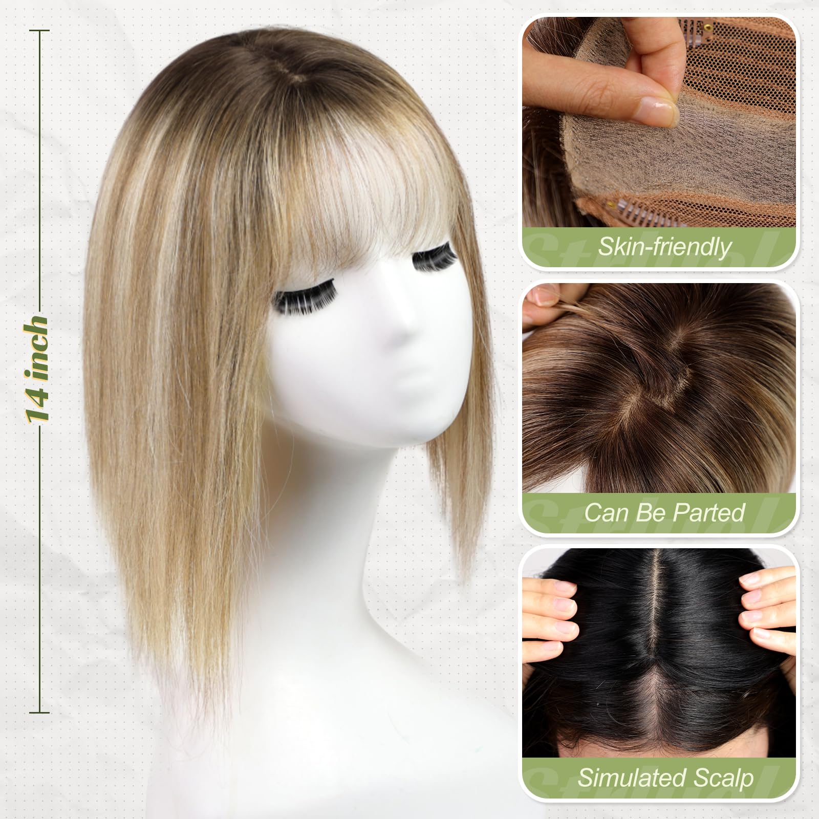 Starluck 14 Inch Real Human Hair Toppers for Women with Bangs - 5