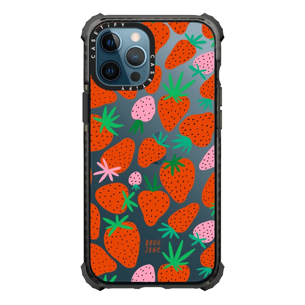 CASETiFY Ultra Impact Shockproof Case for iPhone 12 Pro Max - Strawberry Design Clear Black - Slim Protective Phone Cover for Everyday Use, Travel & Outdoor Activities