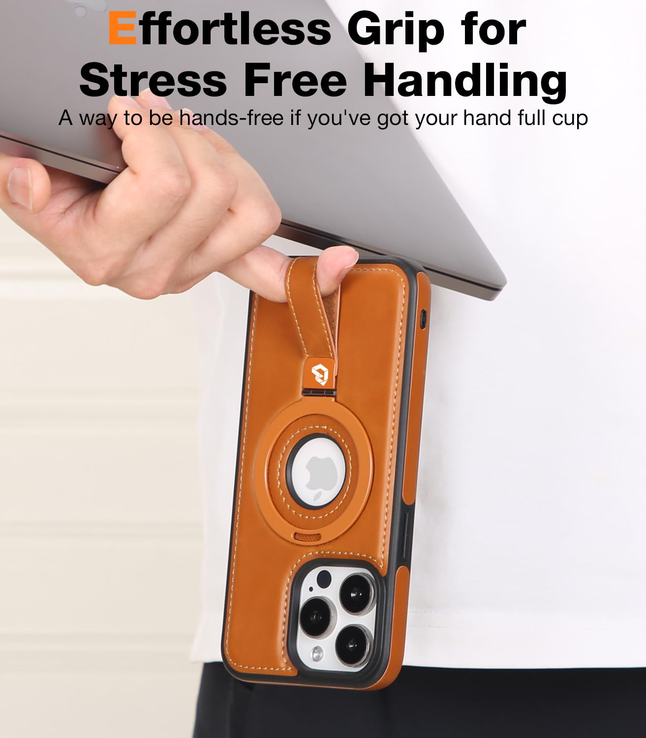 Magnetic Leather Case for iPhone 16 Pro Max with Screen Protector | Compatible with MagSafe | Built-in Kickstand & Grip Loop | Protective Cover for Men & Women (Brown) | Perfect for Work, Travel & Daily Use