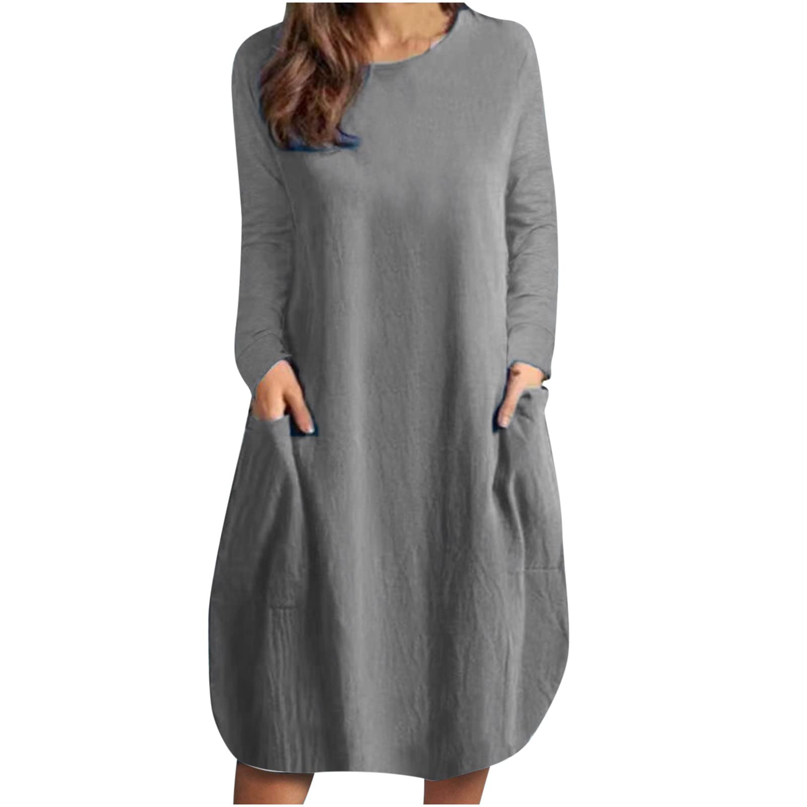 Women's Casual Long Sleeve Cotton Linen Dress - Round Neck, Mid Calf Length, Loose Fit with Pockets | Perfect for Everyday Wear, Office, Dates & Fall Outfits