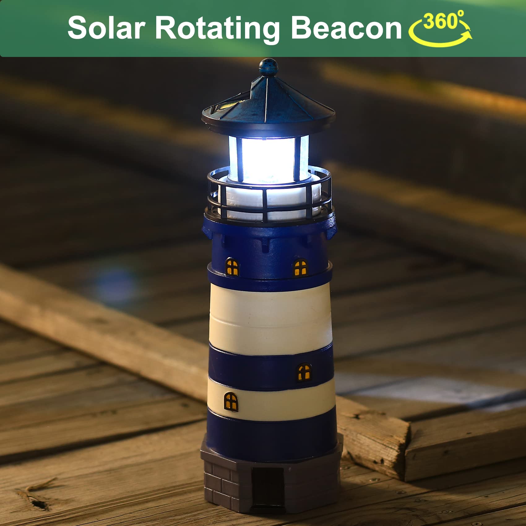 Solar Powered Rotating Beacon LED Lighthouse Lamp - Outdoor Decorative Lighting for Garden, Patio, Well Cover | Waterproof & Dusk-to-Dawn Auto On/Off | Perfect Landscape Accent Light for Yard, Walkway, Poolside Decor (Blue)