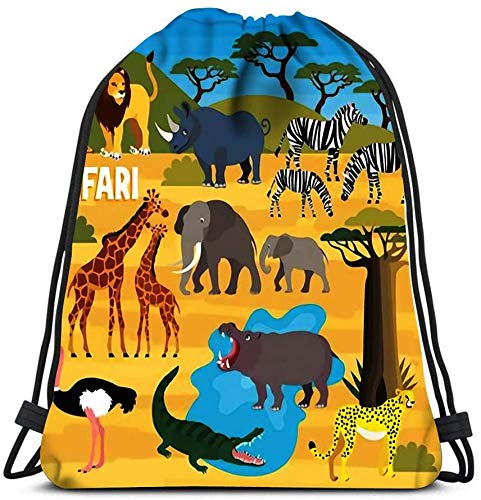 African Animal Print Drawstring Backpack - Lightweight Travel Gym Bag, Casual Tote Rucksack for School, Beach & Outdoor Activities | Wildlife Pattern Backpack for Men & Women