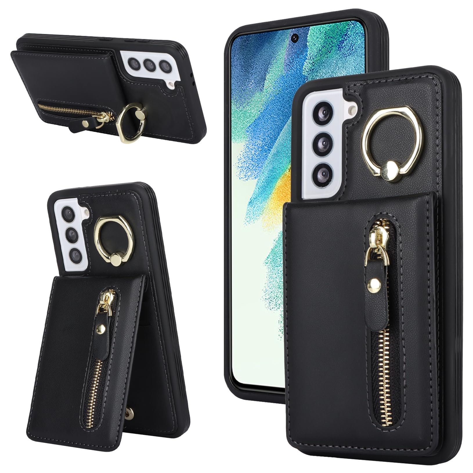 Samsung Galaxy S21 FE 5G Case with Card Holder & Kickstand - Leather Wallet Phone Cover for Women & Men | 6.4