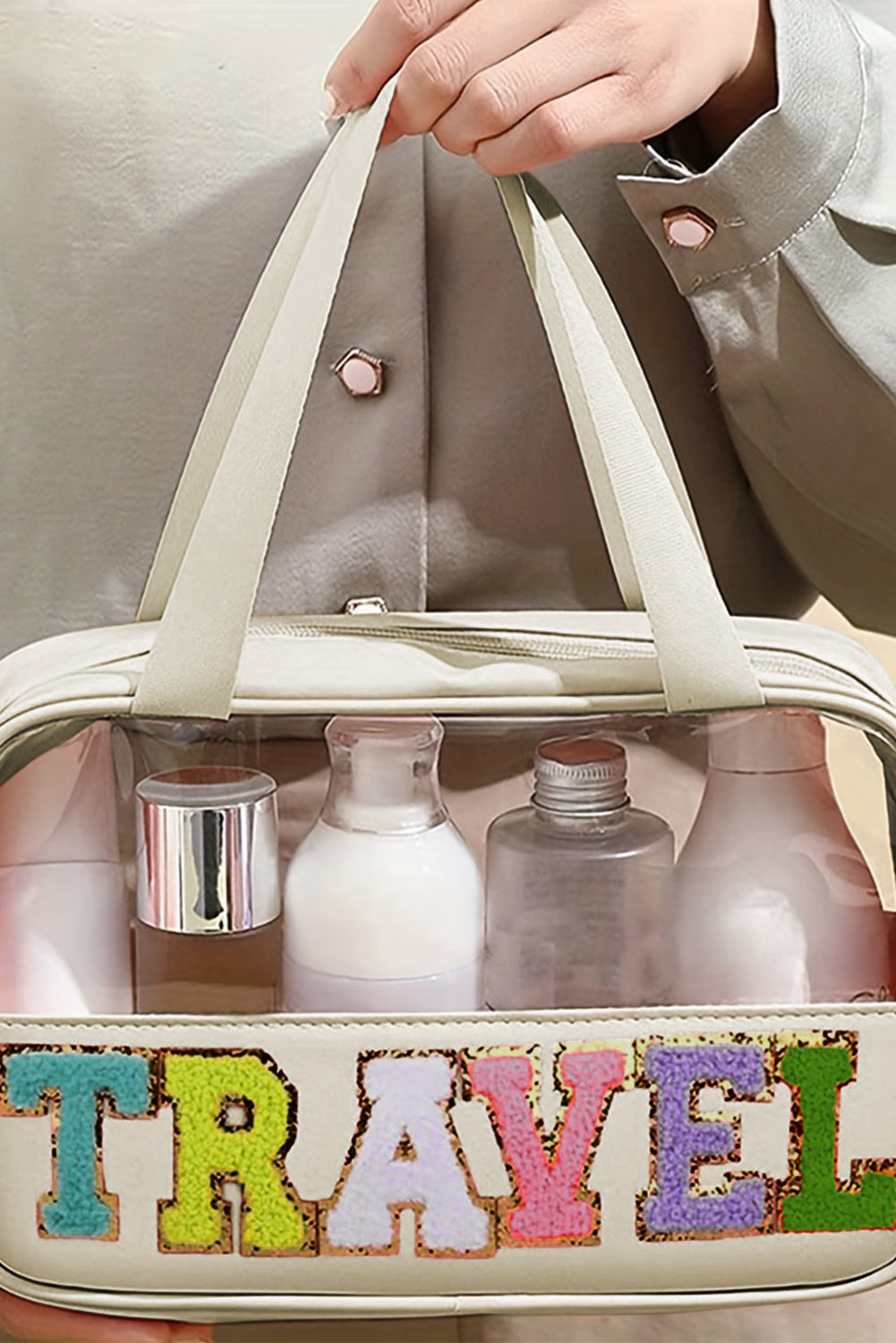 Stylish Chenille Letter Clear PVC Makeup Bag for Travel - Perfect Cosmetic Organizer for Vacation, Gym & Daily Essentials